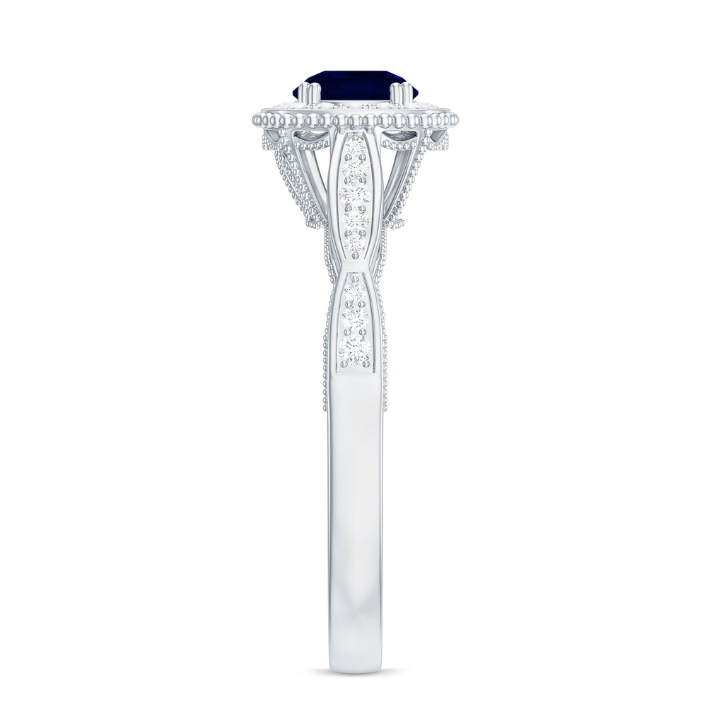 Round 0.9 Carat Blue Sapphire Antique Engagement Ring with Diamond Halo