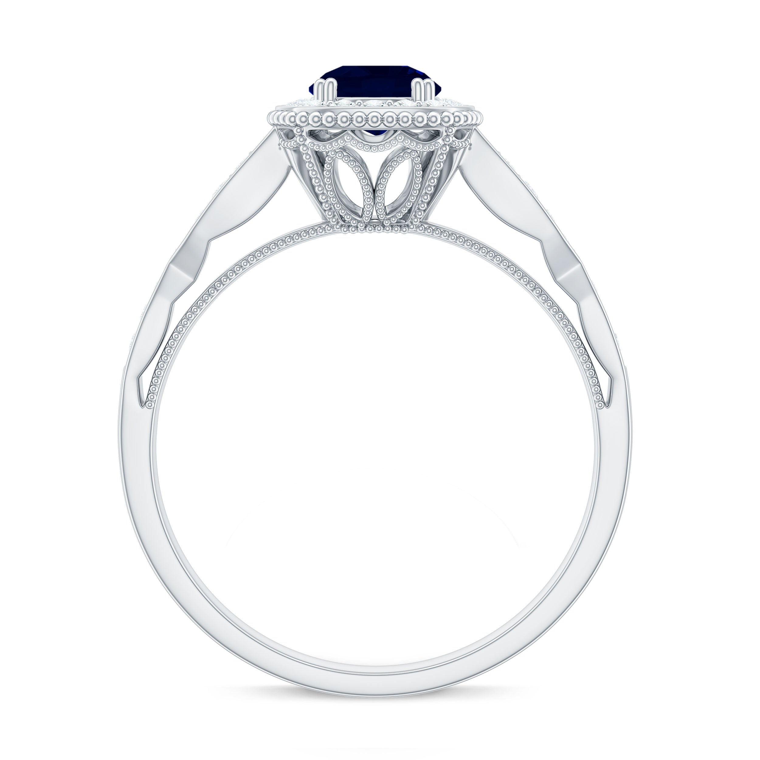 Round 0.9 Carat Blue Sapphire Antique Engagement Ring with Diamond Halo