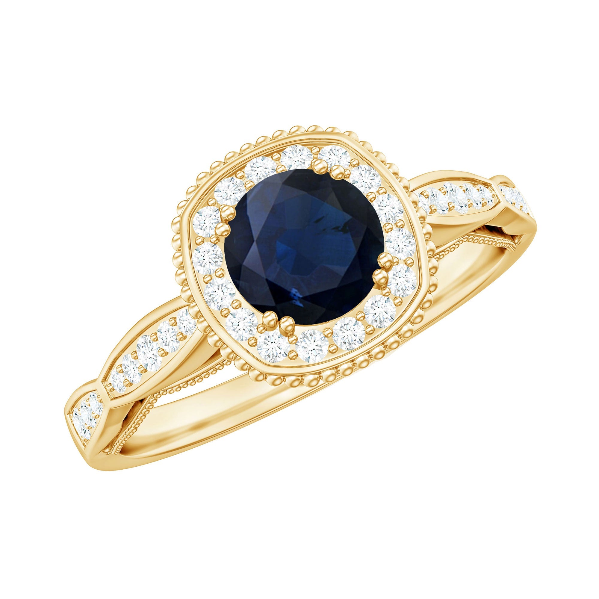 Round 0.9 Carat Blue Sapphire Antique Engagement Ring with Diamond Halo