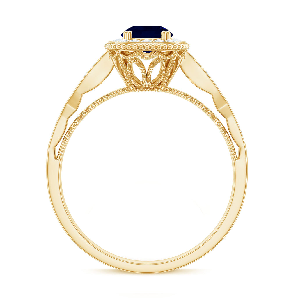 Round 0.9 Carat Blue Sapphire Antique Engagement Ring with Diamond Halo