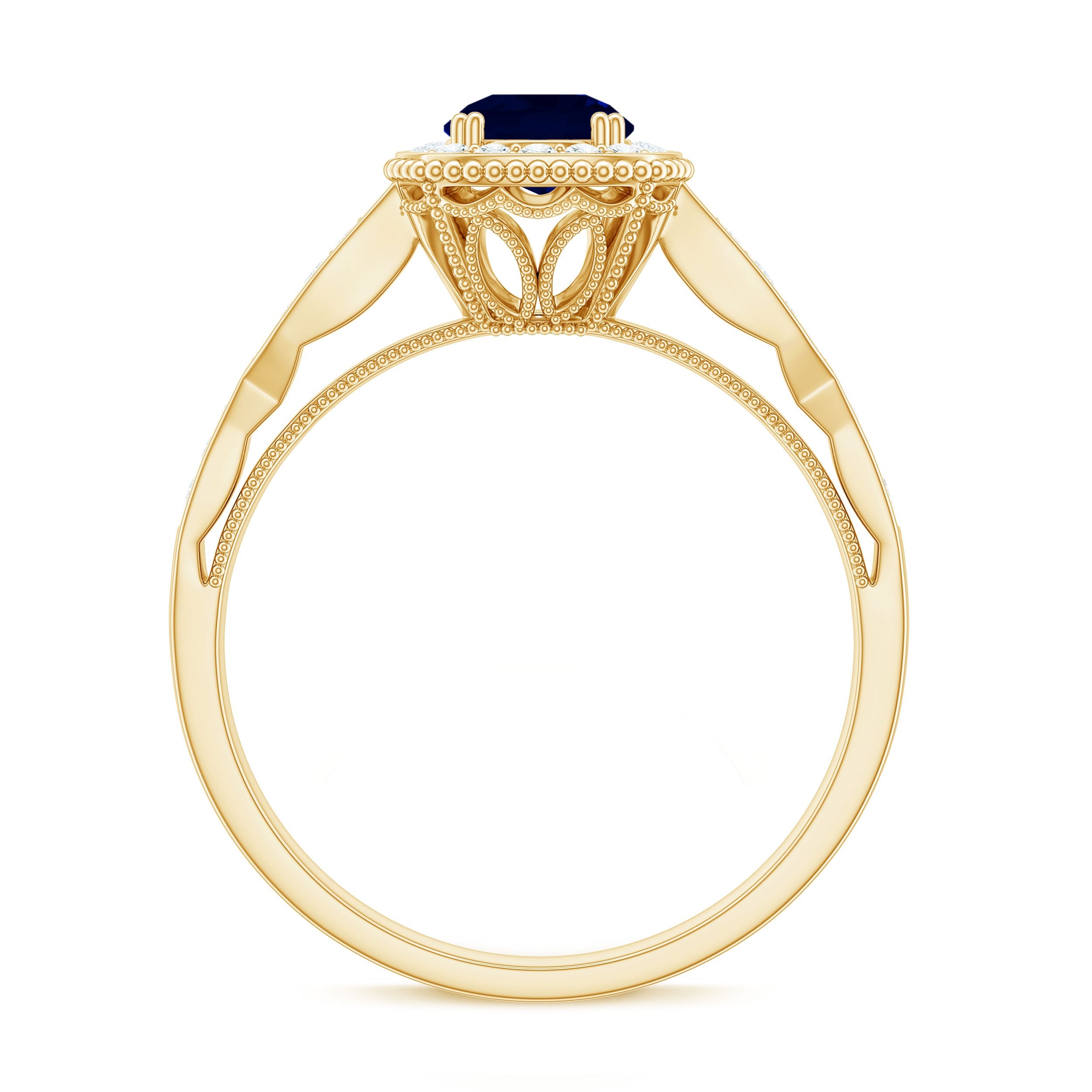 Round 0.9 Carat Blue Sapphire Antique Engagement Ring with Diamond Halo