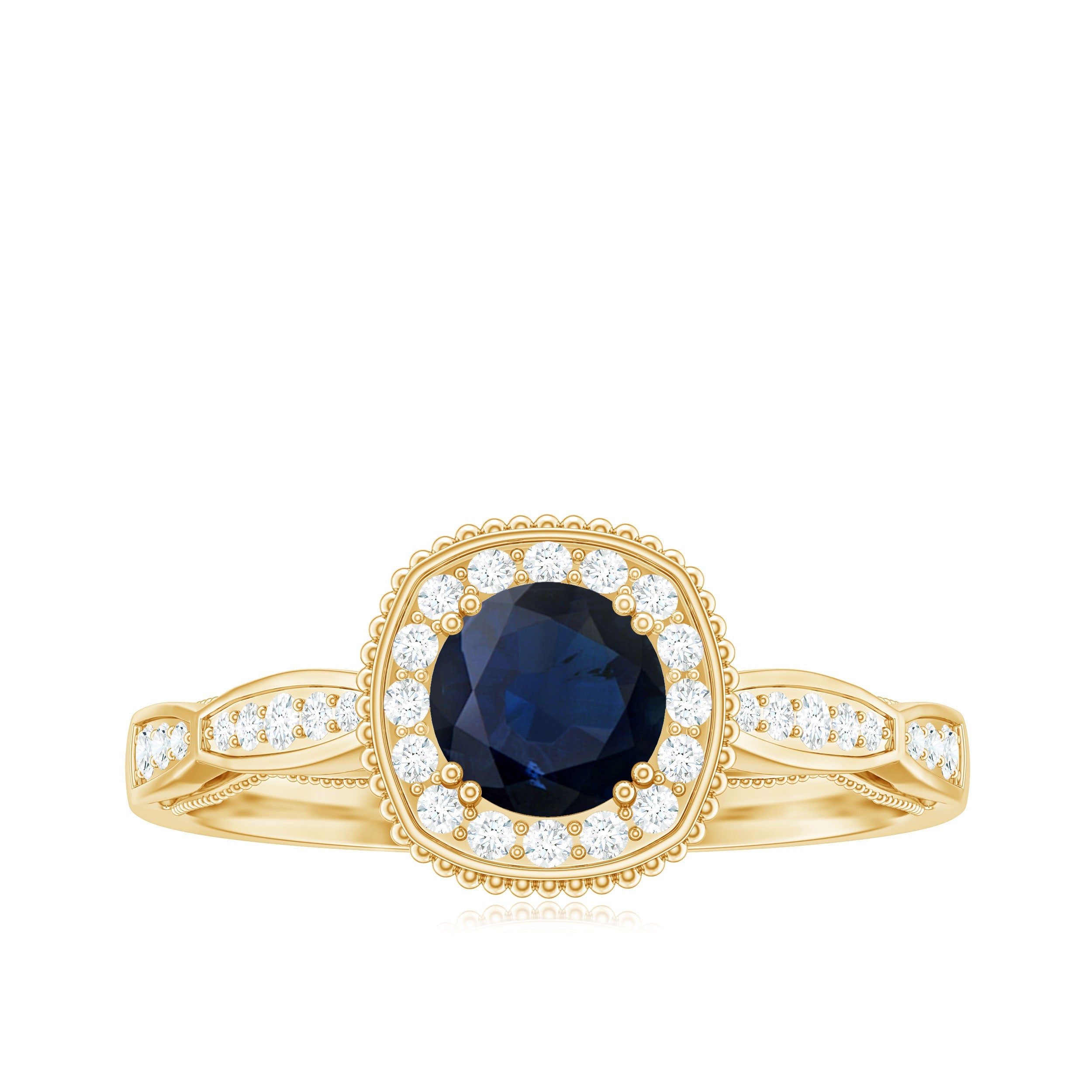 Round 0.9 Carat Blue Sapphire Antique Engagement Ring with Diamond Halo