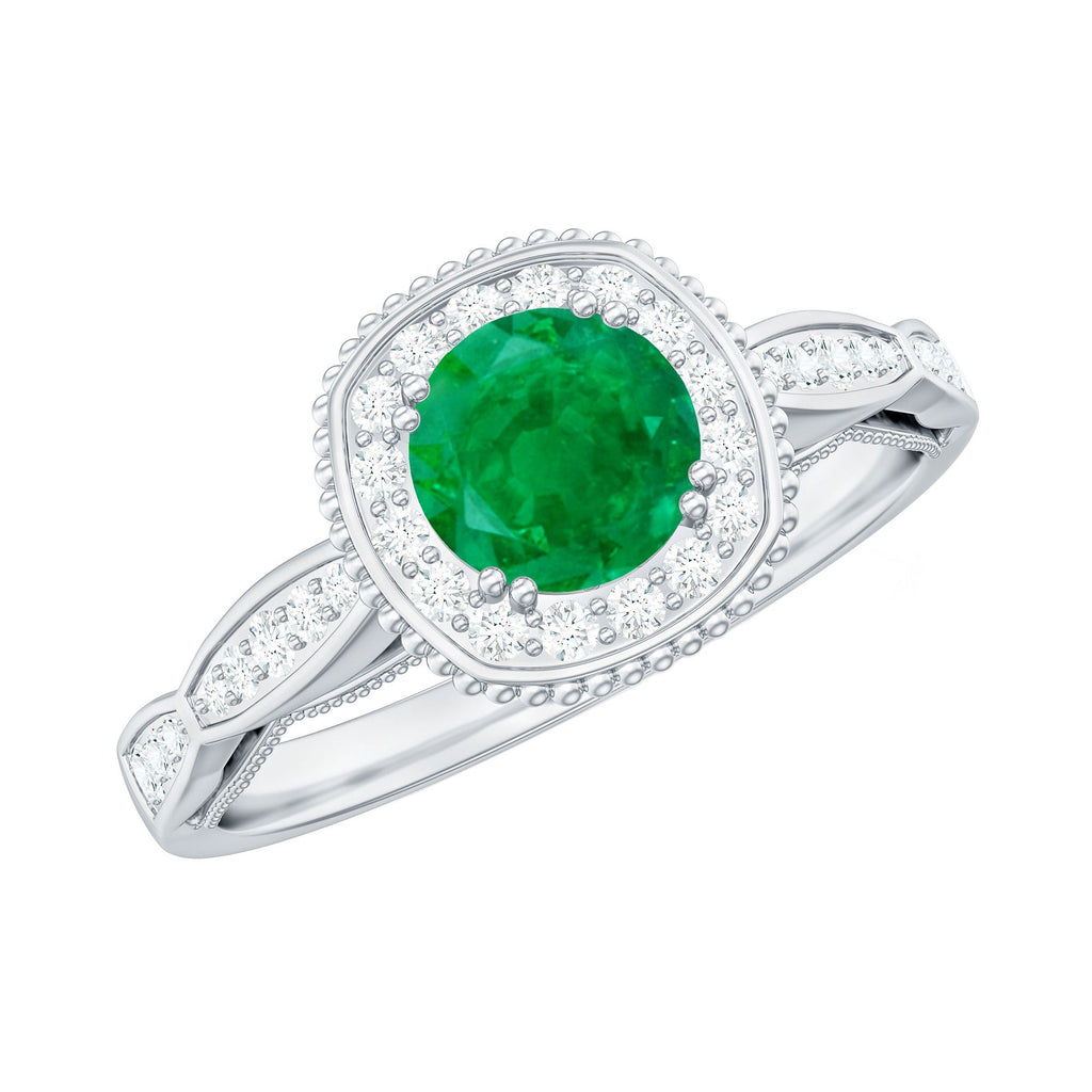Emerald Vintage Looking Engagement Ring with Diamond Halo