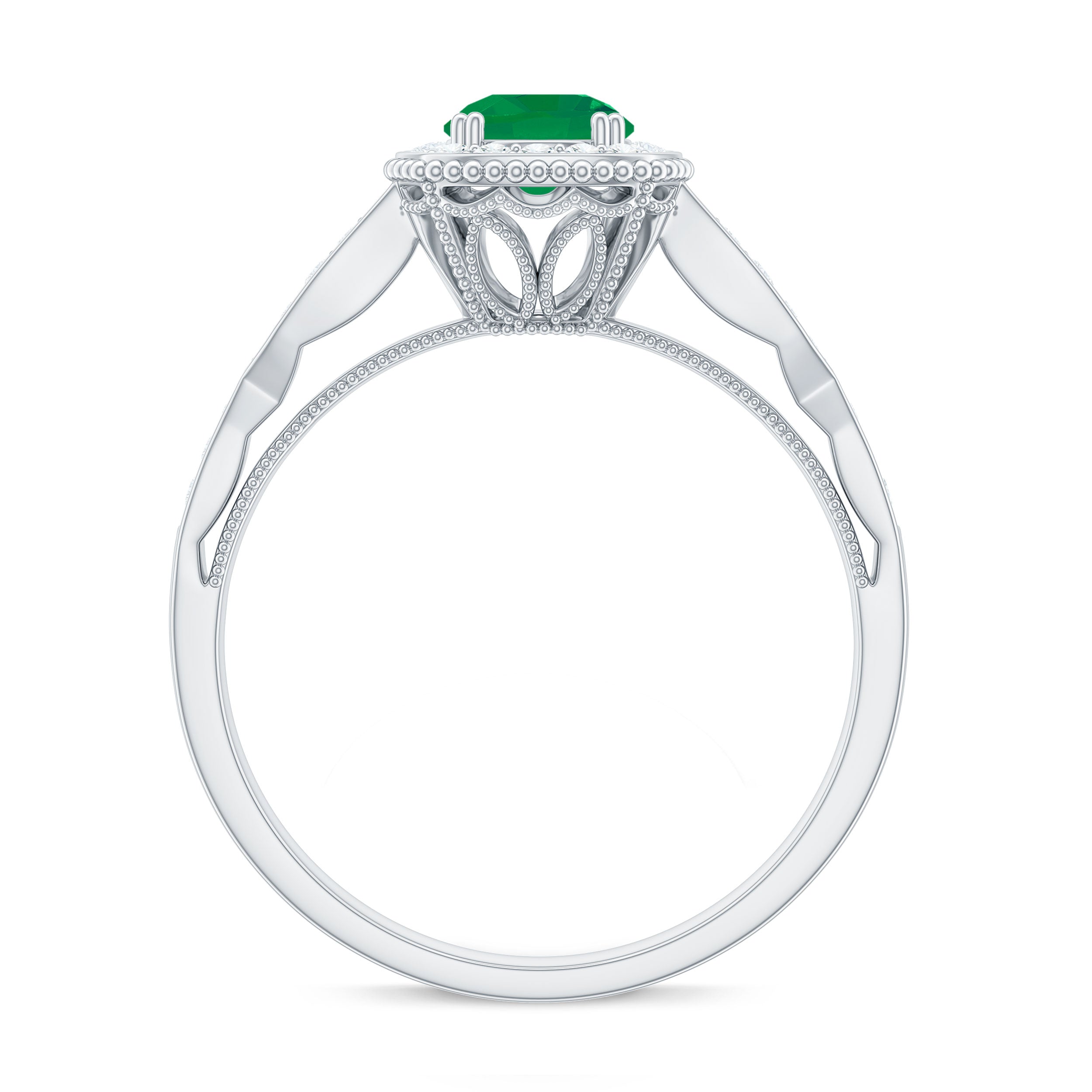 Emerald Vintage Looking Engagement Ring with Diamond Halo