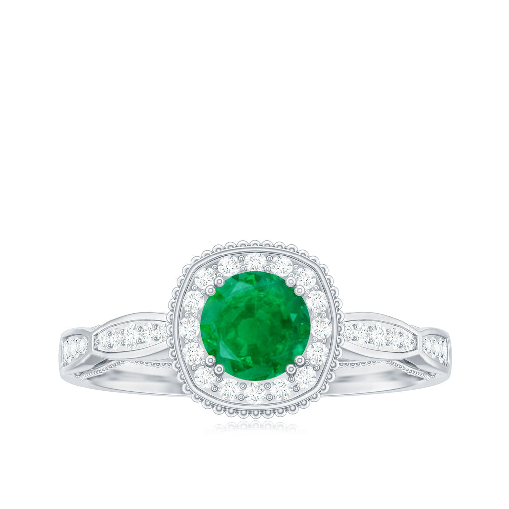 Emerald Vintage Looking Engagement Ring with Diamond Halo