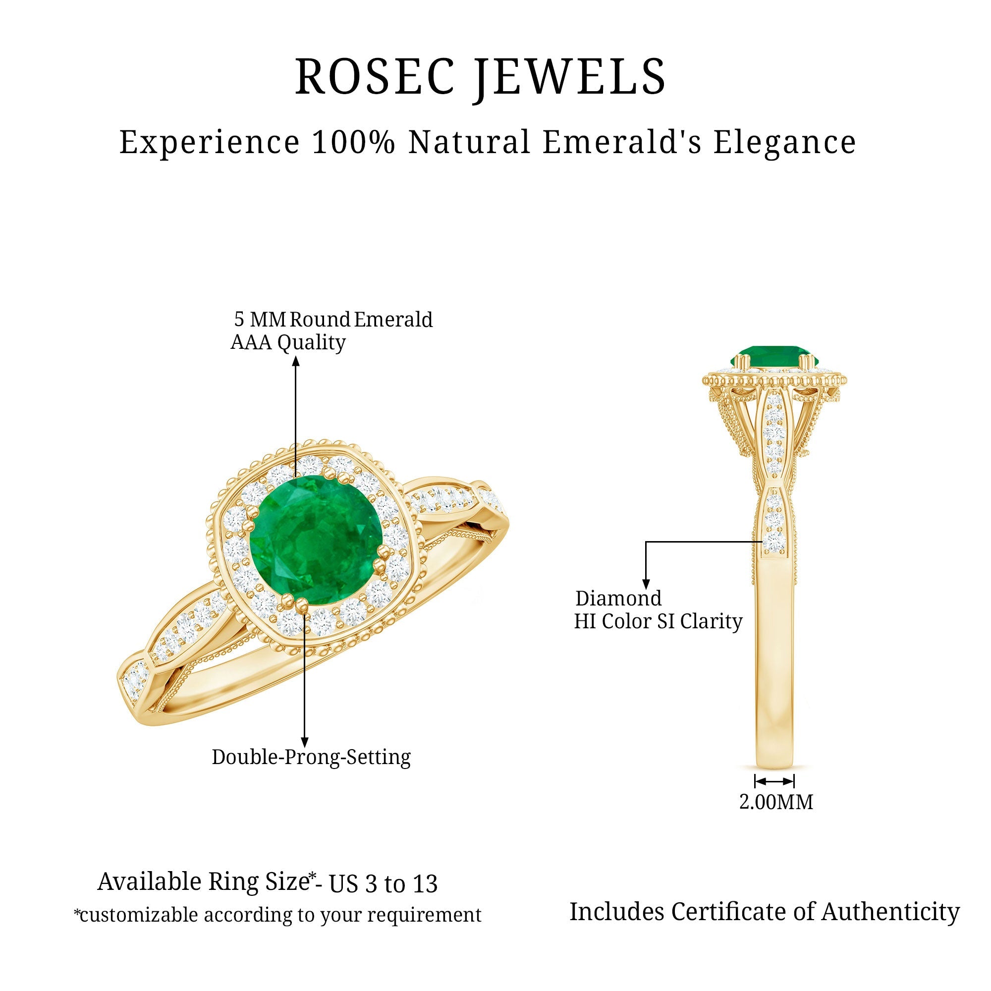 Emerald Vintage Looking Engagement Ring with Diamond Halo