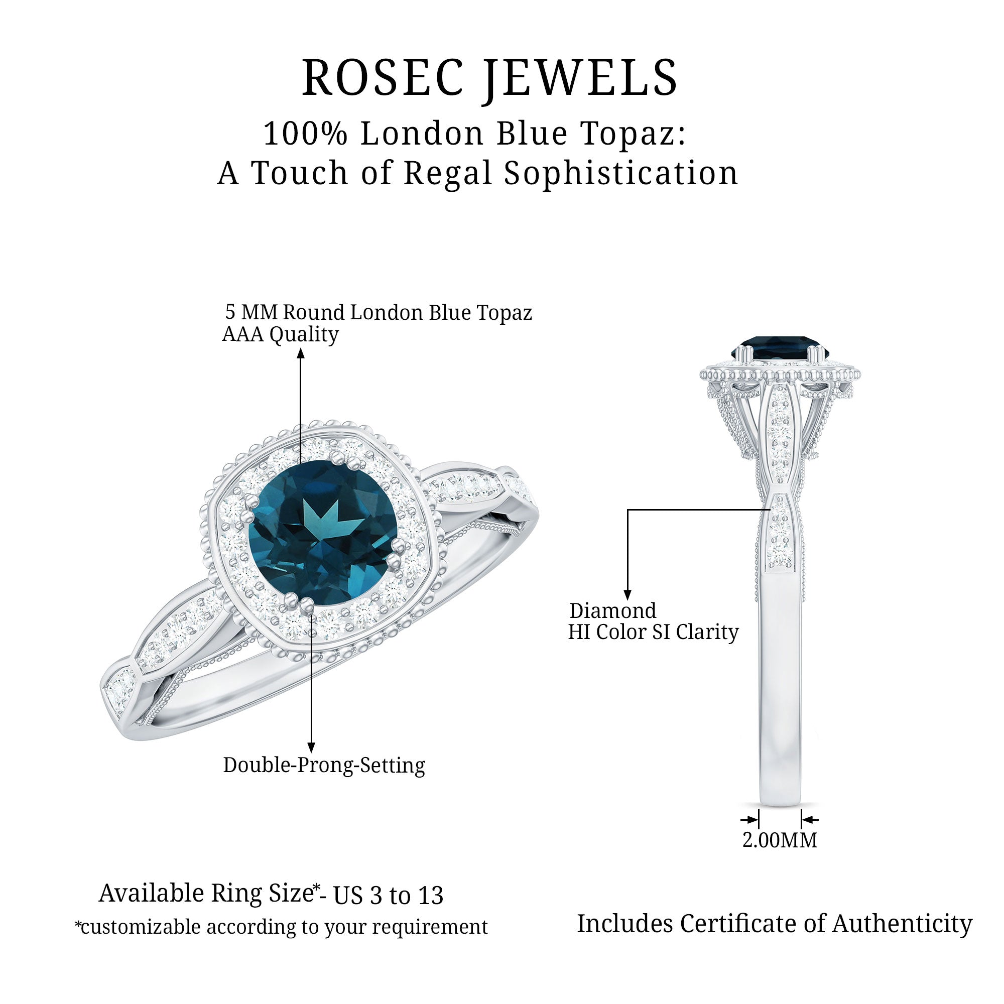 0.6 Carat London Blue topaz Vintage Inspired Ring with Diamond Halo