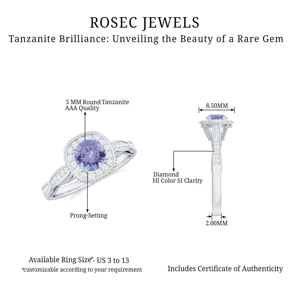 Vintage Style Tanzanite Engagement Ring with Diamond Halo for Women