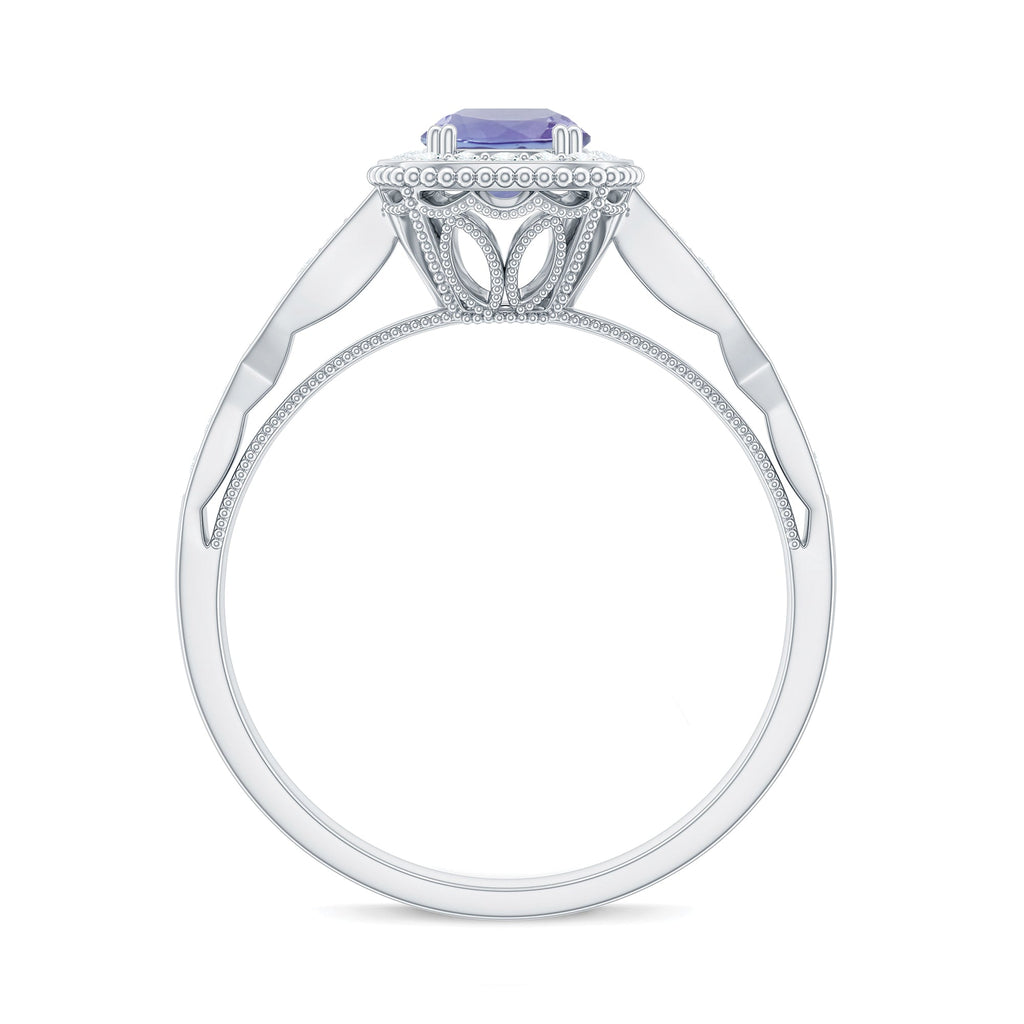 Vintage Style Tanzanite Engagement Ring with Diamond Halo for Women