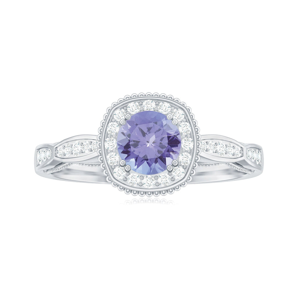 Vintage Style Tanzanite Engagement Ring with Diamond Halo for Women