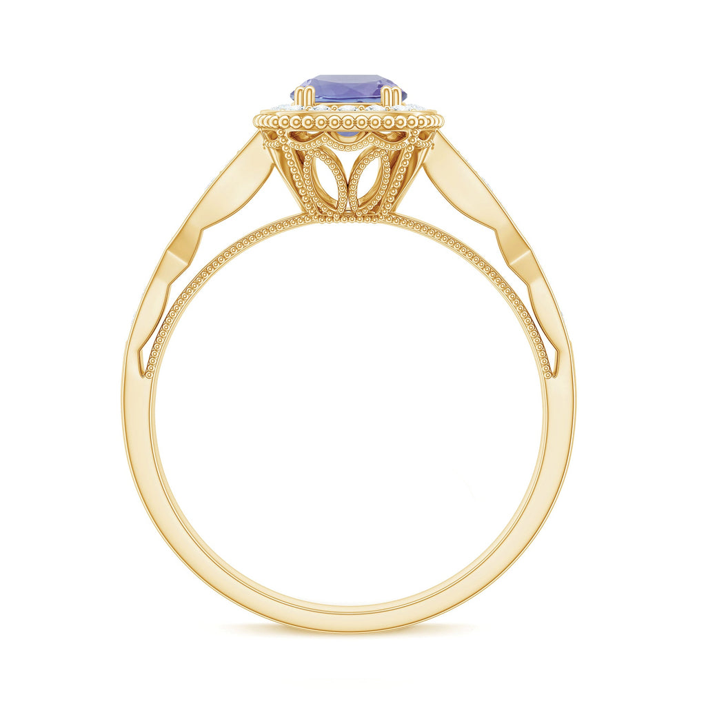 Vintage Style Tanzanite Engagement Ring with Diamond Halo for Women