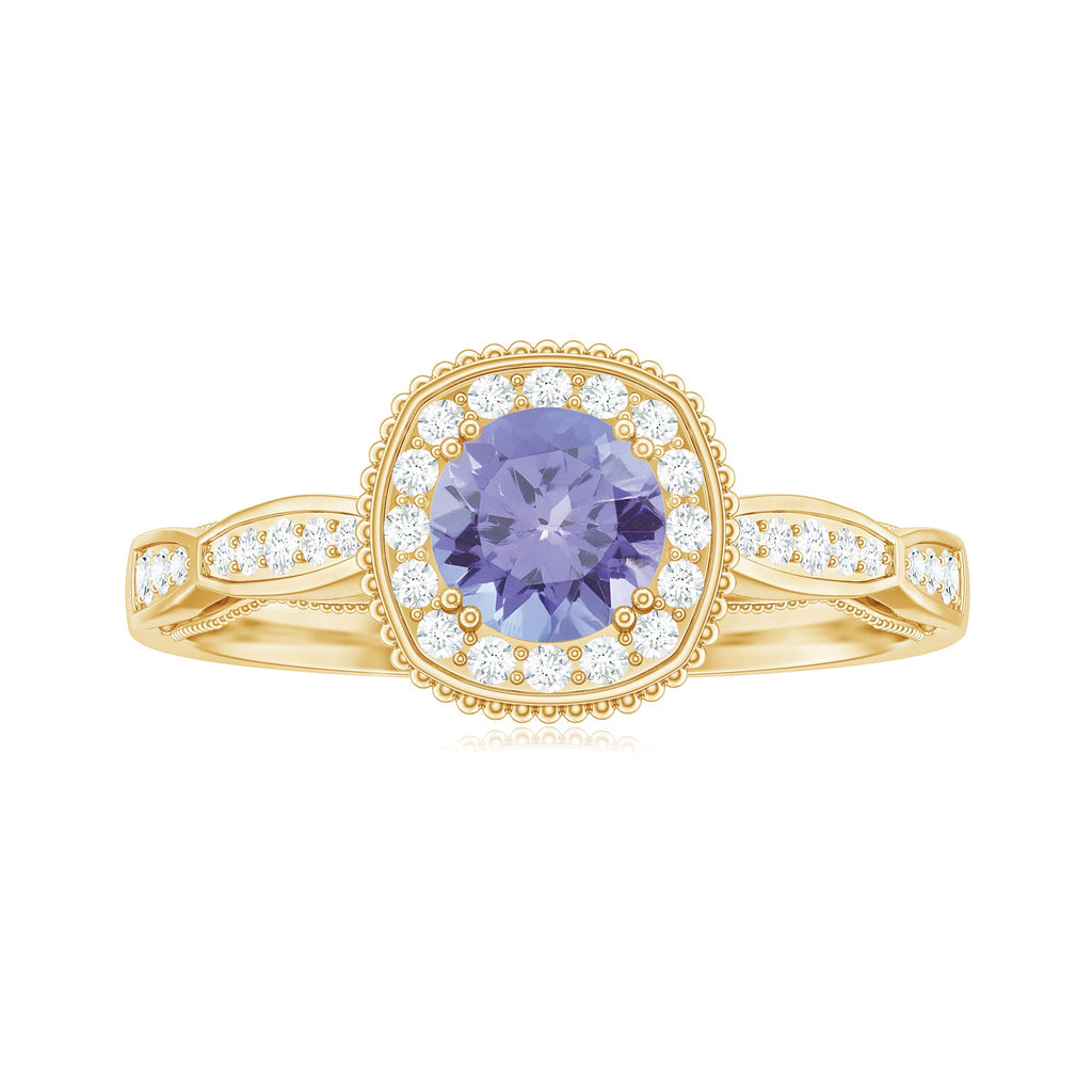 Vintage Style Tanzanite Engagement Ring with Diamond Halo for Women