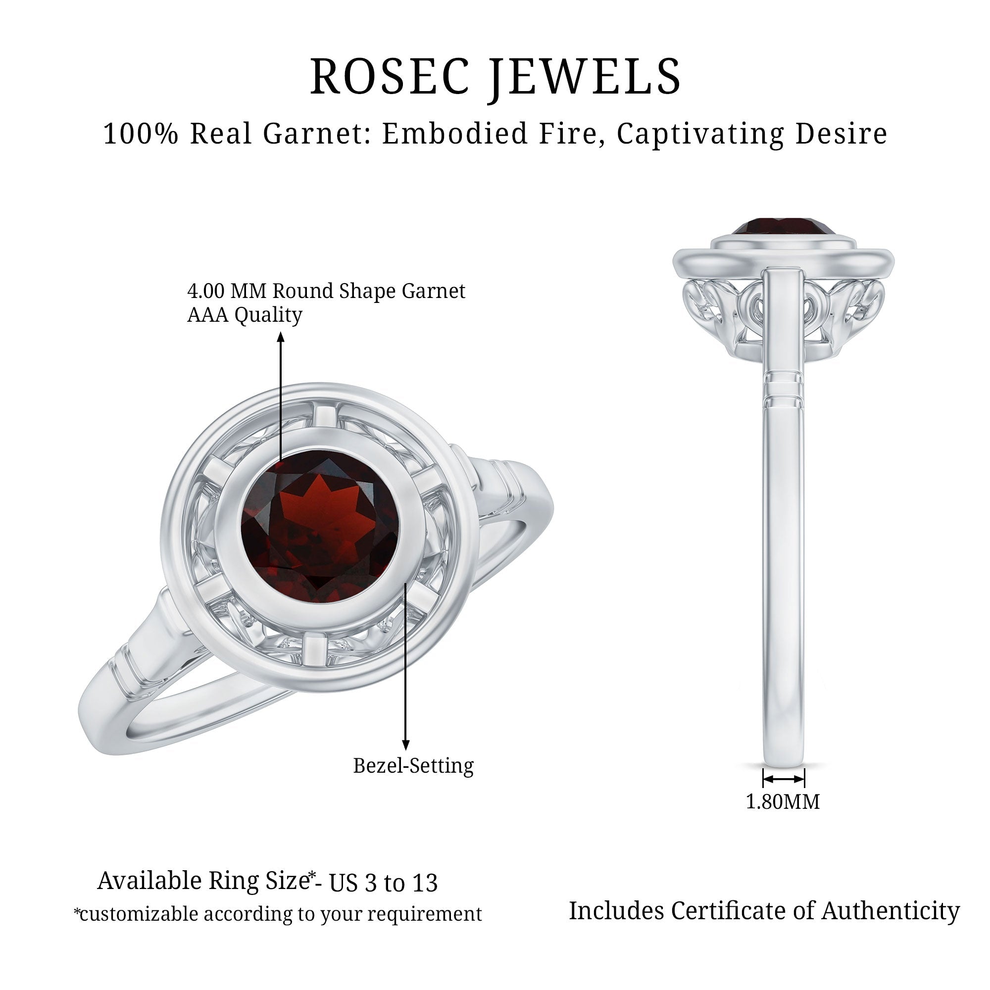 Vintage Looking Garnet Engagement Ring in Bezel Setting