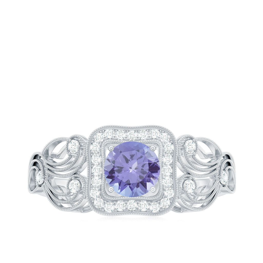 Tanzanite Vintage Looking Engagement Ring with Diamond Halo