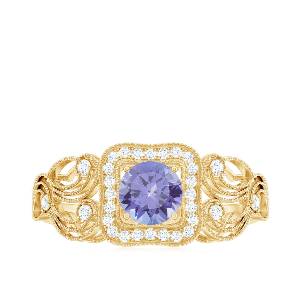 Tanzanite Vintage Looking Engagement Ring with Diamond Halo