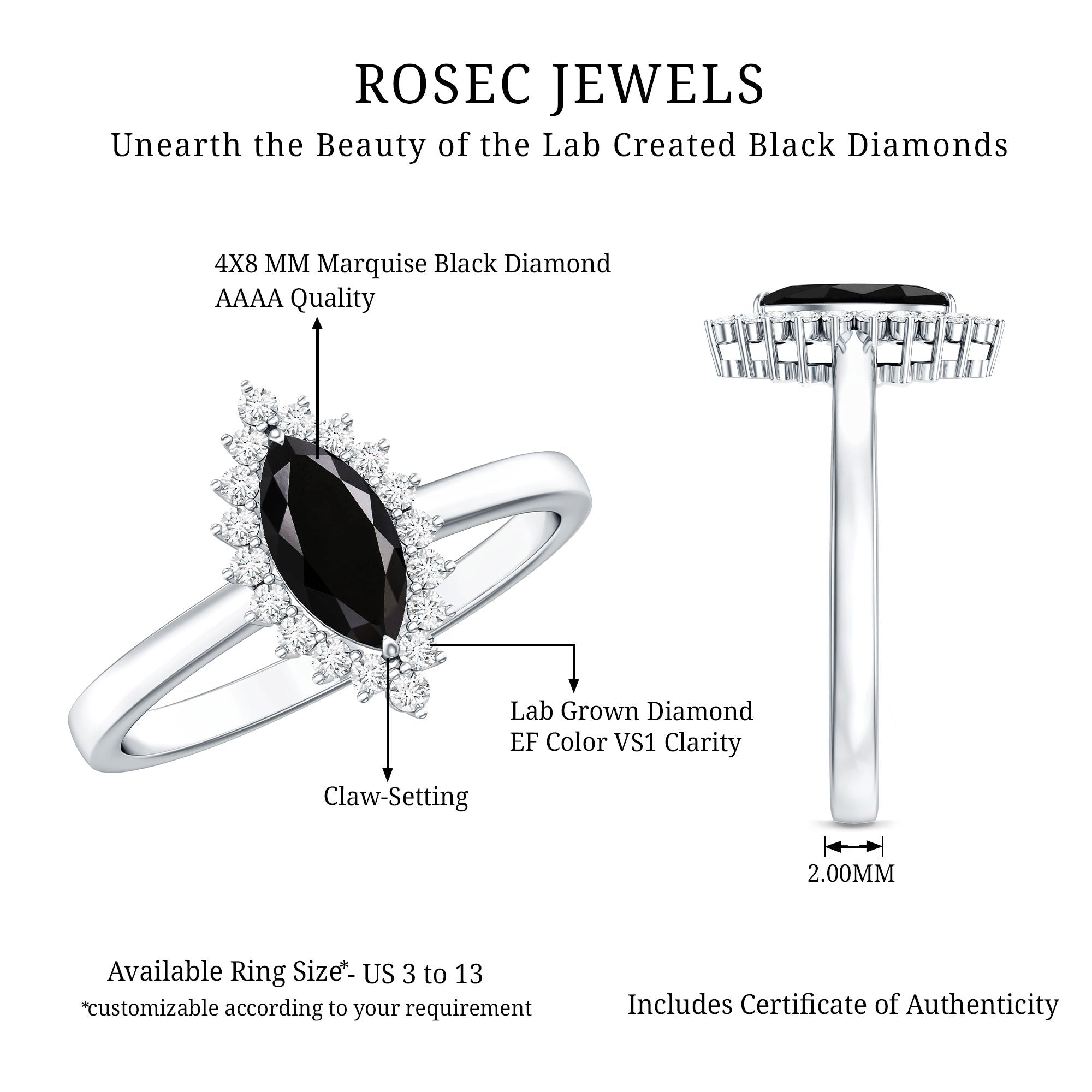 Certified 0.8 Carat Lab Grown Black Diamond Marquise Engagement Ring with Halo