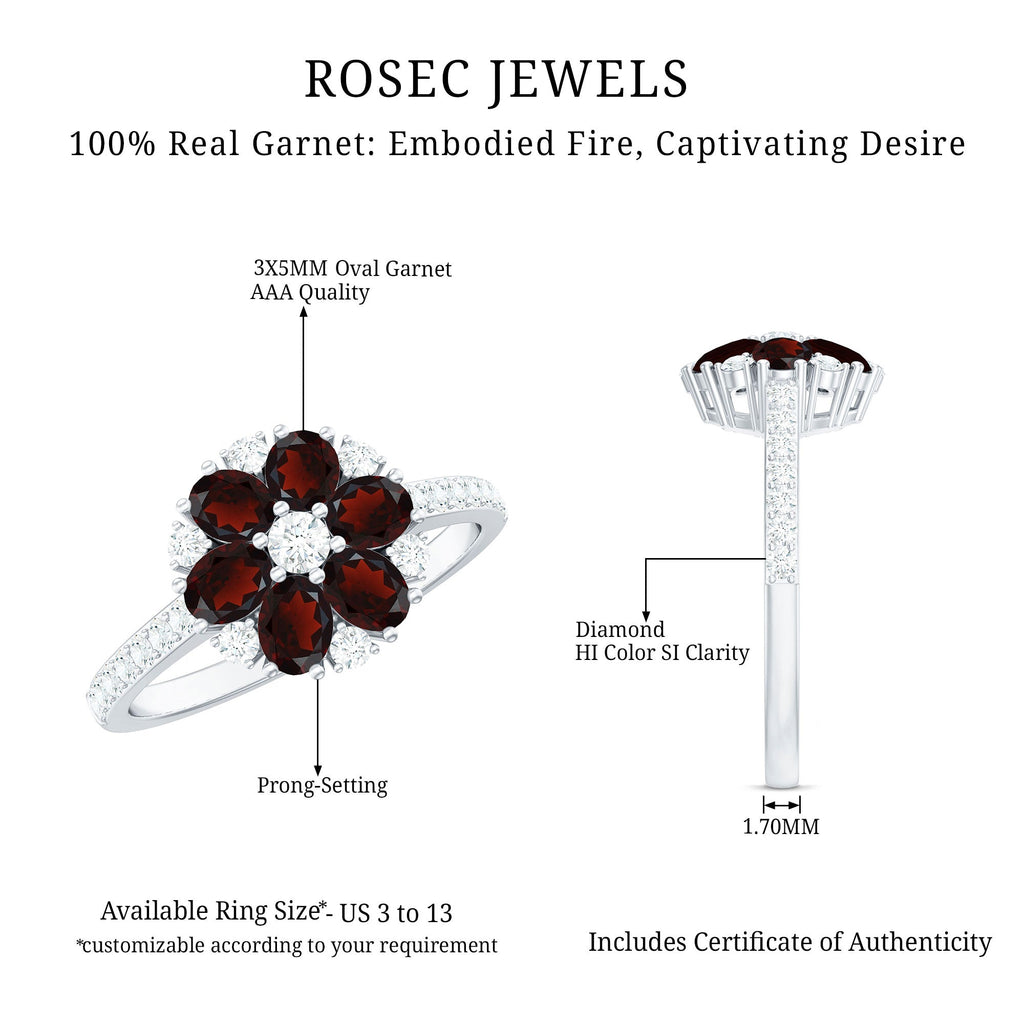 Natural Garnet Flower Engagement Ring with Diamond