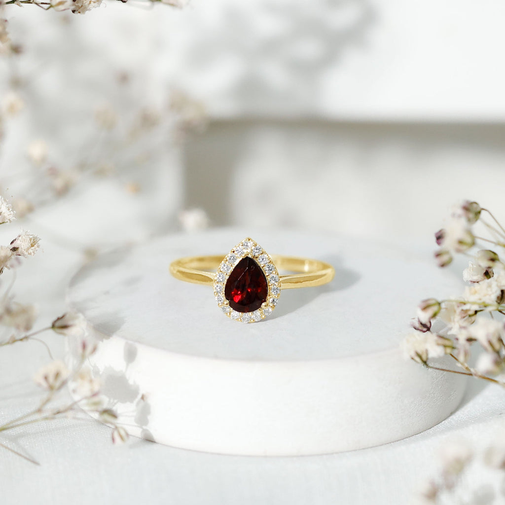 Classic Garnet Teardrop Engagement Ring with Diamond Halo