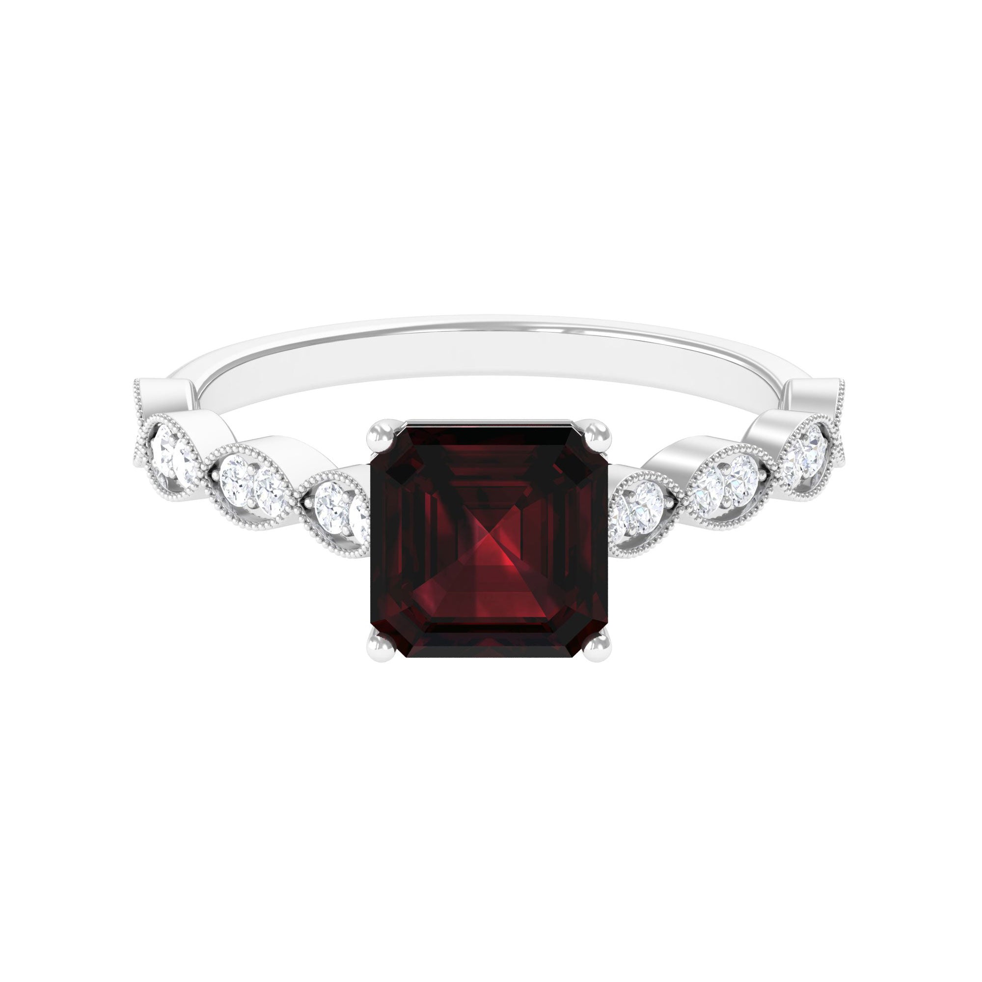 Natural 3.3 Carat Garnet Asscher Cut Engagement Ring with Diamond