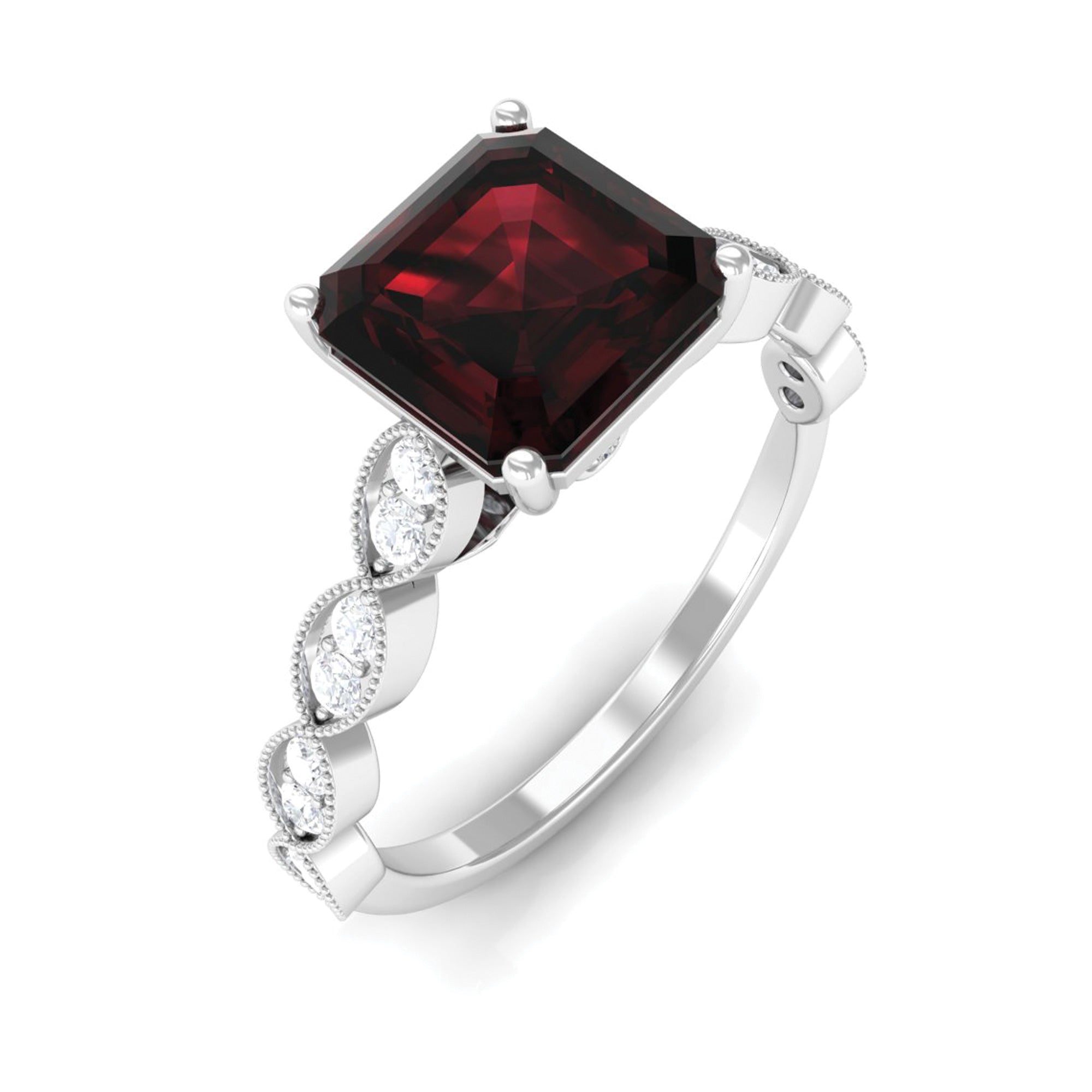 Natural 3.3 Carat Garnet Asscher Cut Engagement Ring with Diamond