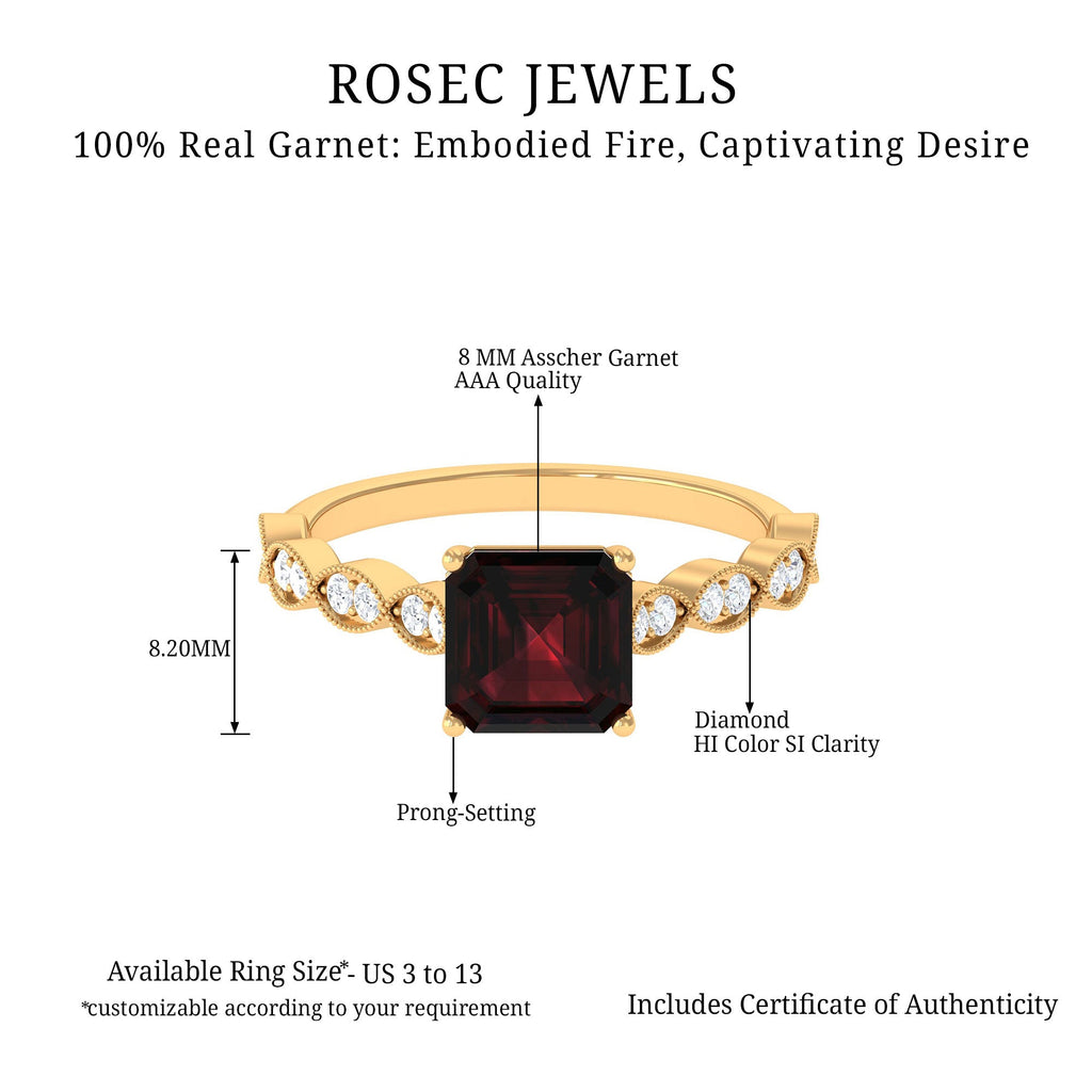 Natural 3.3 Carat Garnet Asscher Cut Engagement Ring with Diamond