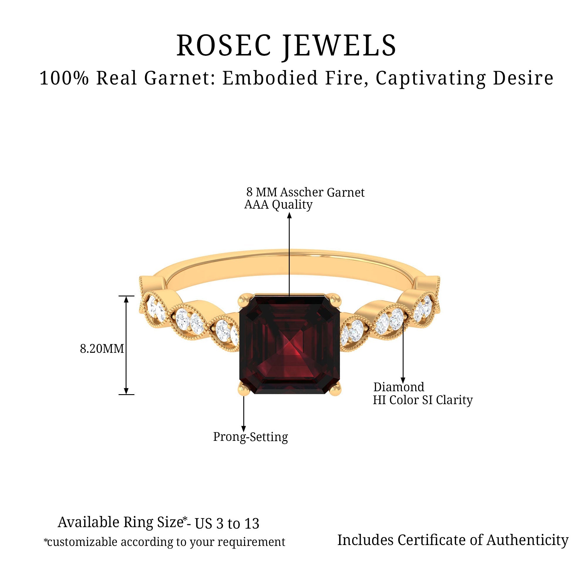 Natural 3.3 Carat Garnet Asscher Cut Engagement Ring with Diamond
