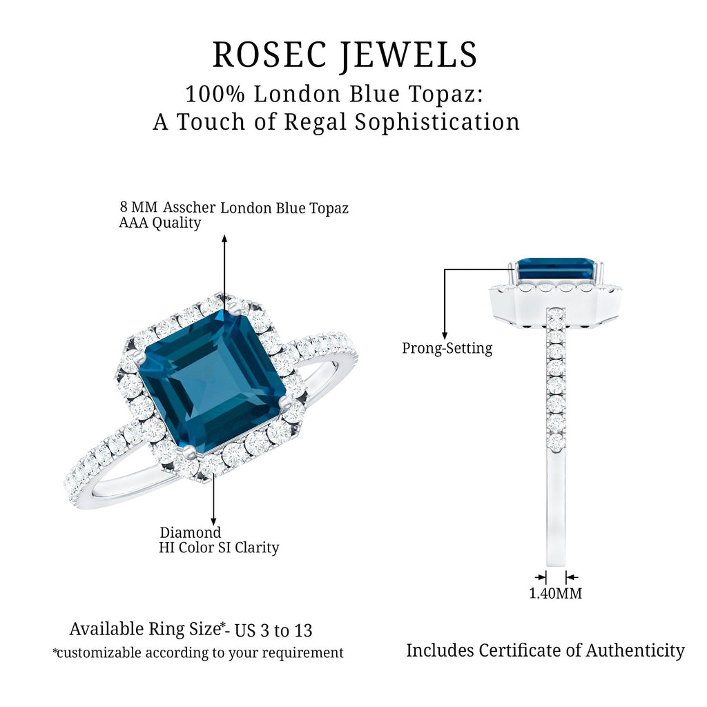 3 Carat Asscher Cut London Blue Topaz Vintage Engagement Ring with Diamond Halo