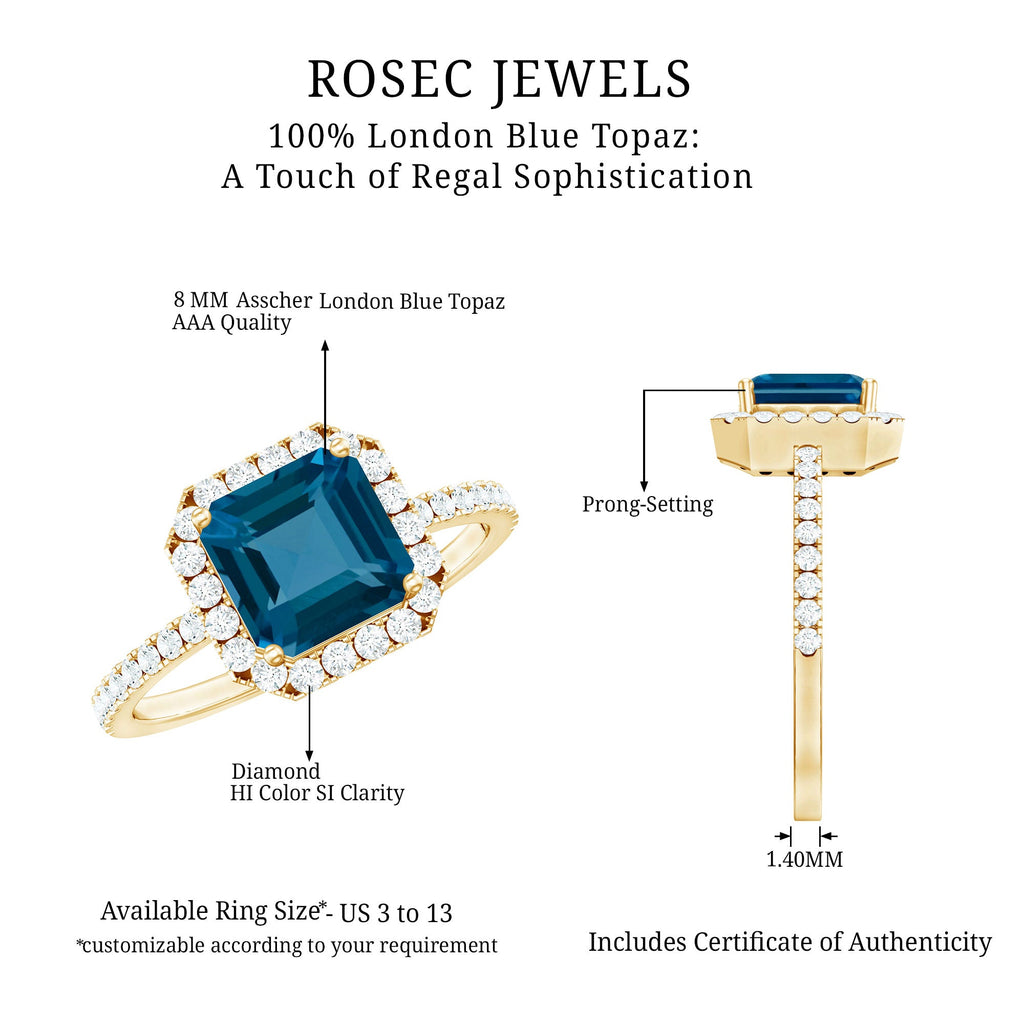 3 Carat Asscher Cut London Blue Topaz Vintage Engagement Ring with Diamond Halo