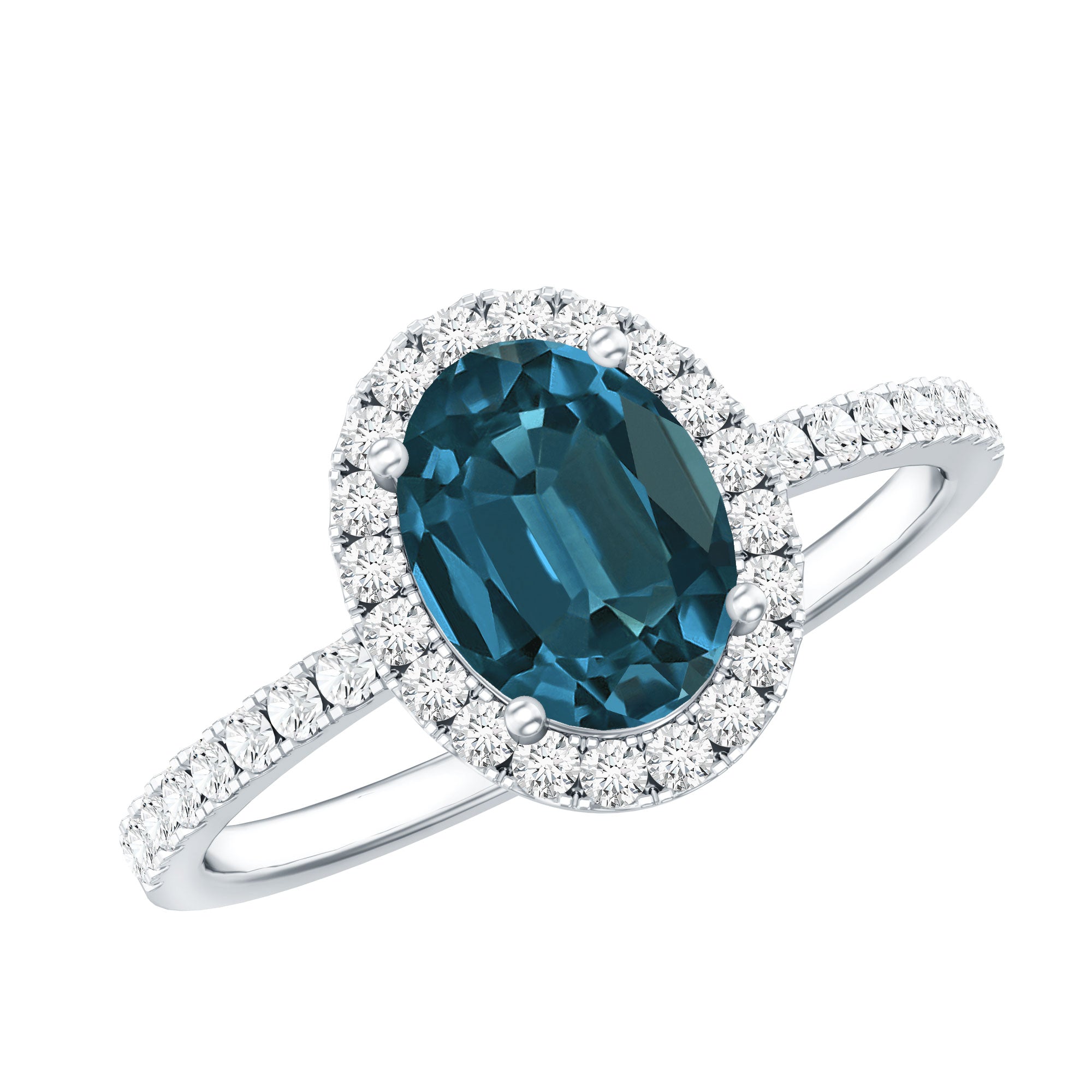 1 Carat Oval Cut London Blue Topaz Classic Engagement Ring with Diamond Halo
