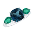 2.8 Carat Cushion Shape London Blue Topaz Three Stone Engagement Ring with Lab Emerald