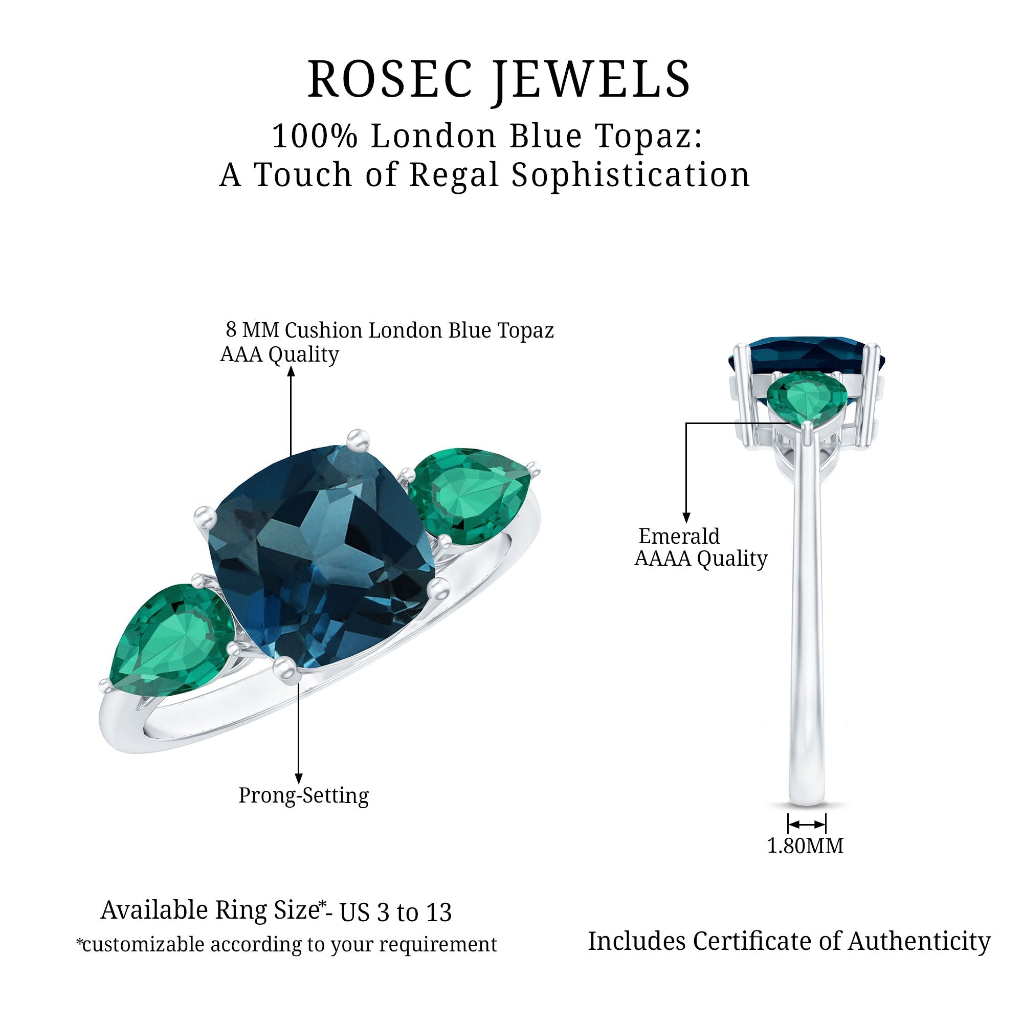 2.8 Carat Cushion Shape London Blue Topaz Three Stone Engagement Ring with Lab Emerald