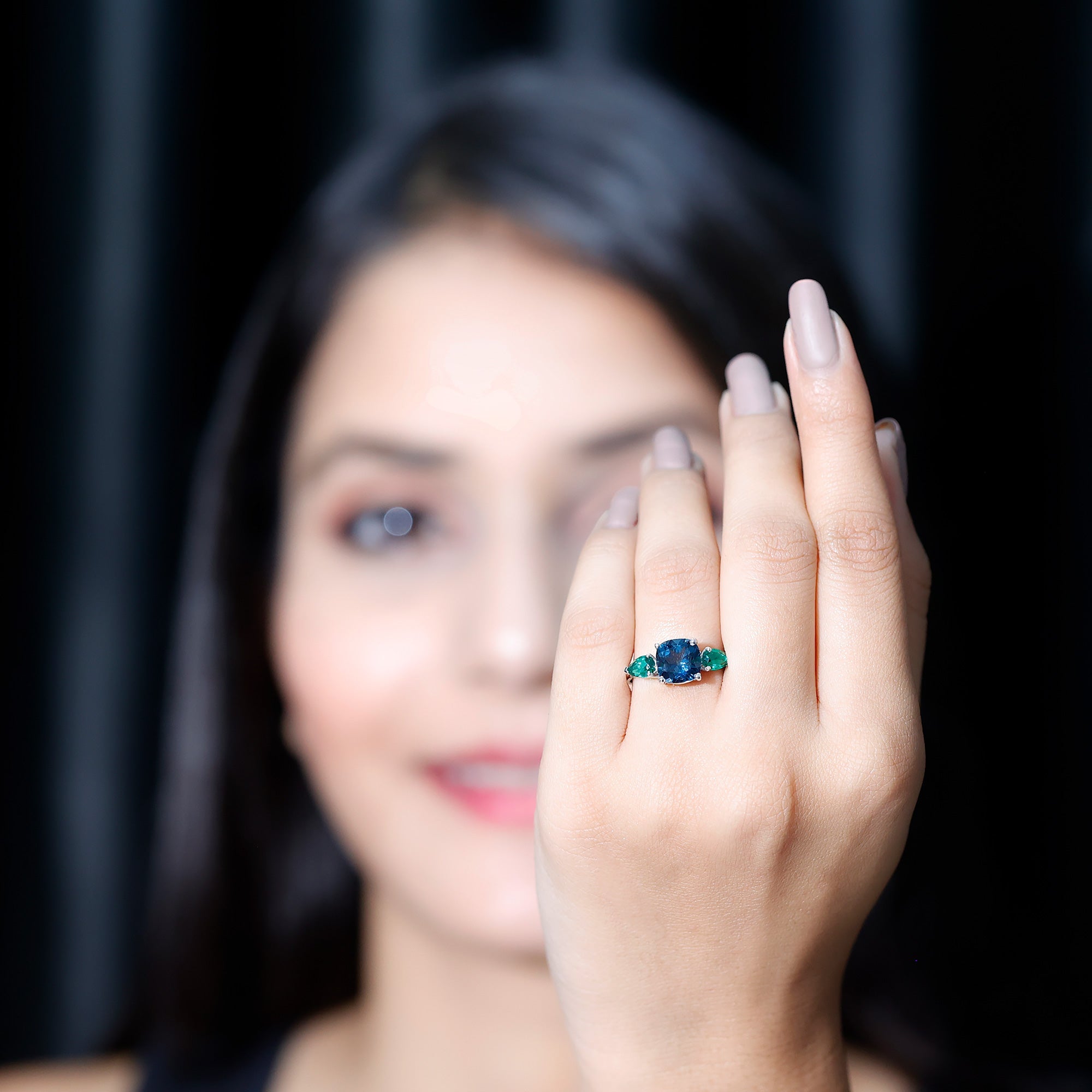 2.8 Carat Cushion Shape London Blue Topaz Three Stone Engagement Ring with Lab Emerald
