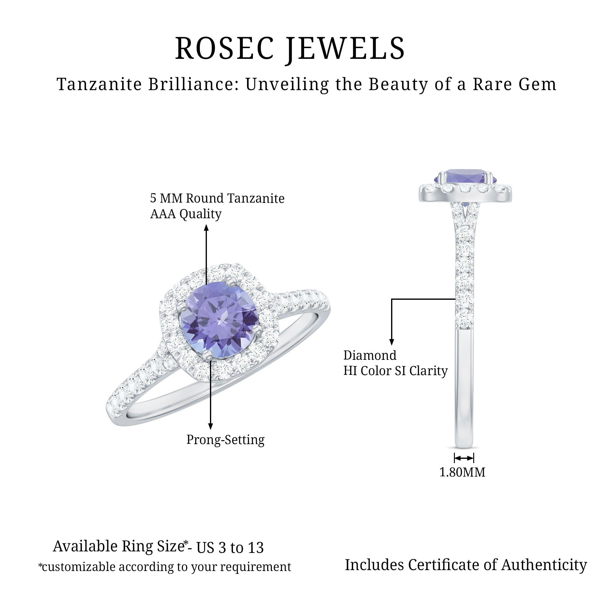 Genuine Tanzanite Halo Engagement Ring with Diamond