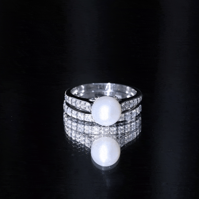 Natural White Pearl Wedding Bridal Ring Set with Moissanite