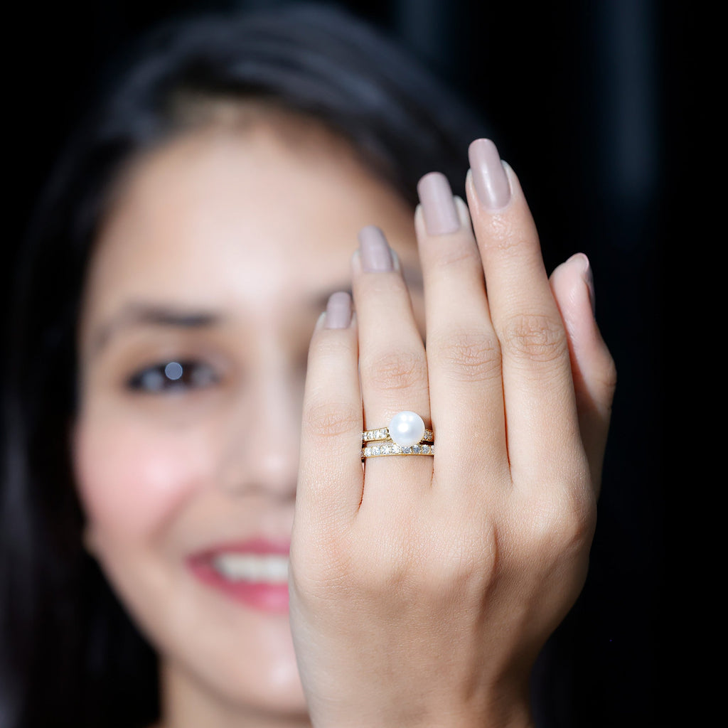 Natural White Pearl Wedding Bridal Ring Set with Moissanite