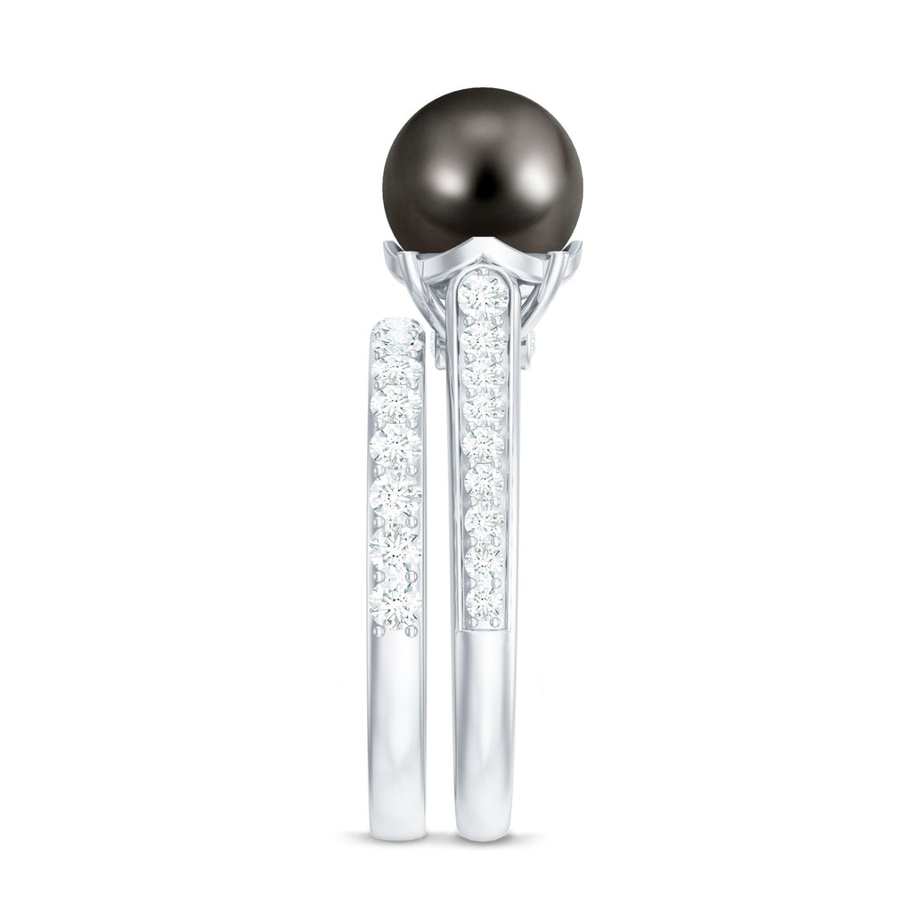 Elegant Wedding Ring Set with 9.75 CT Tahitian Pearl and Moissanite