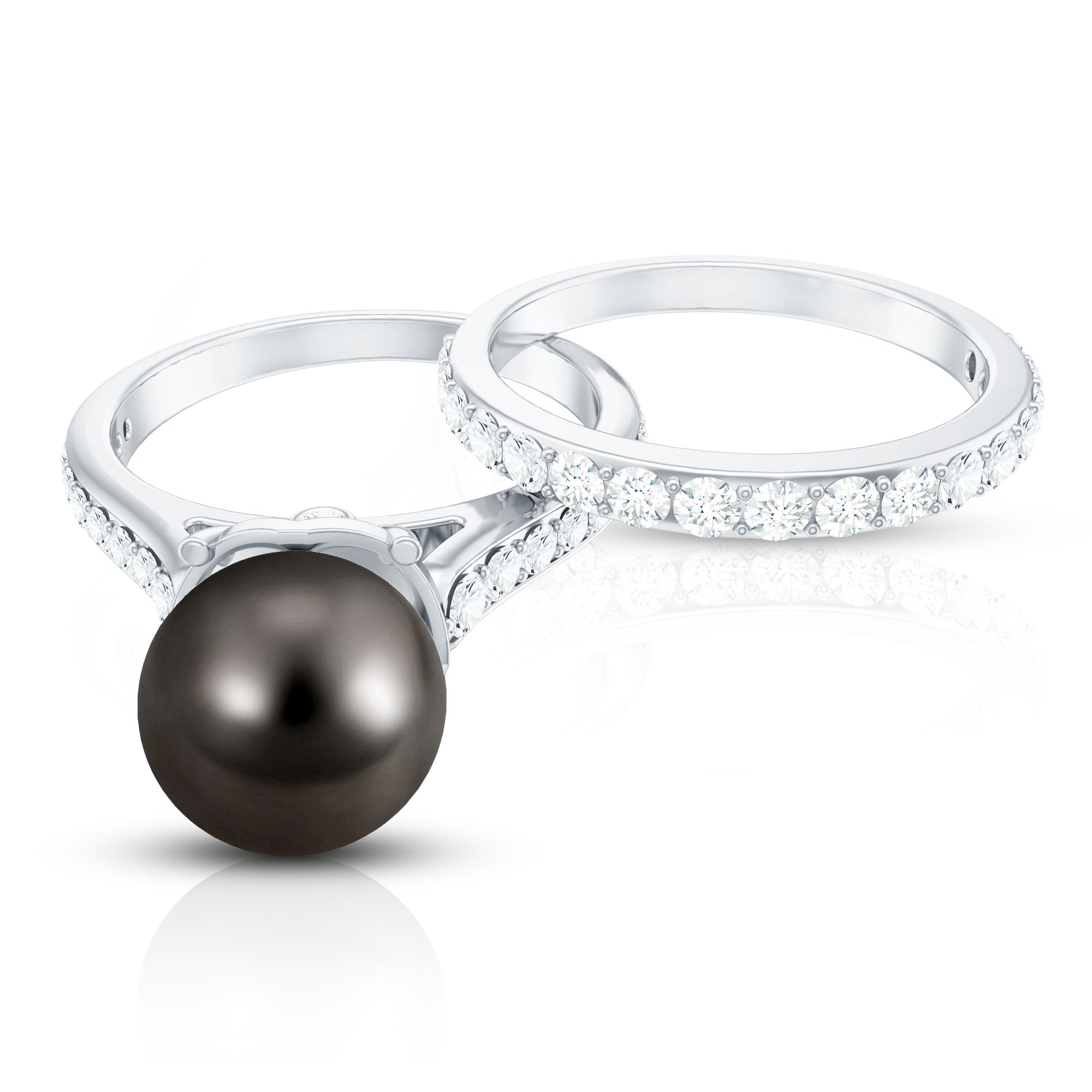 Elegant Wedding Ring Set with 9.75 CT Tahitian Pearl and Moissanite