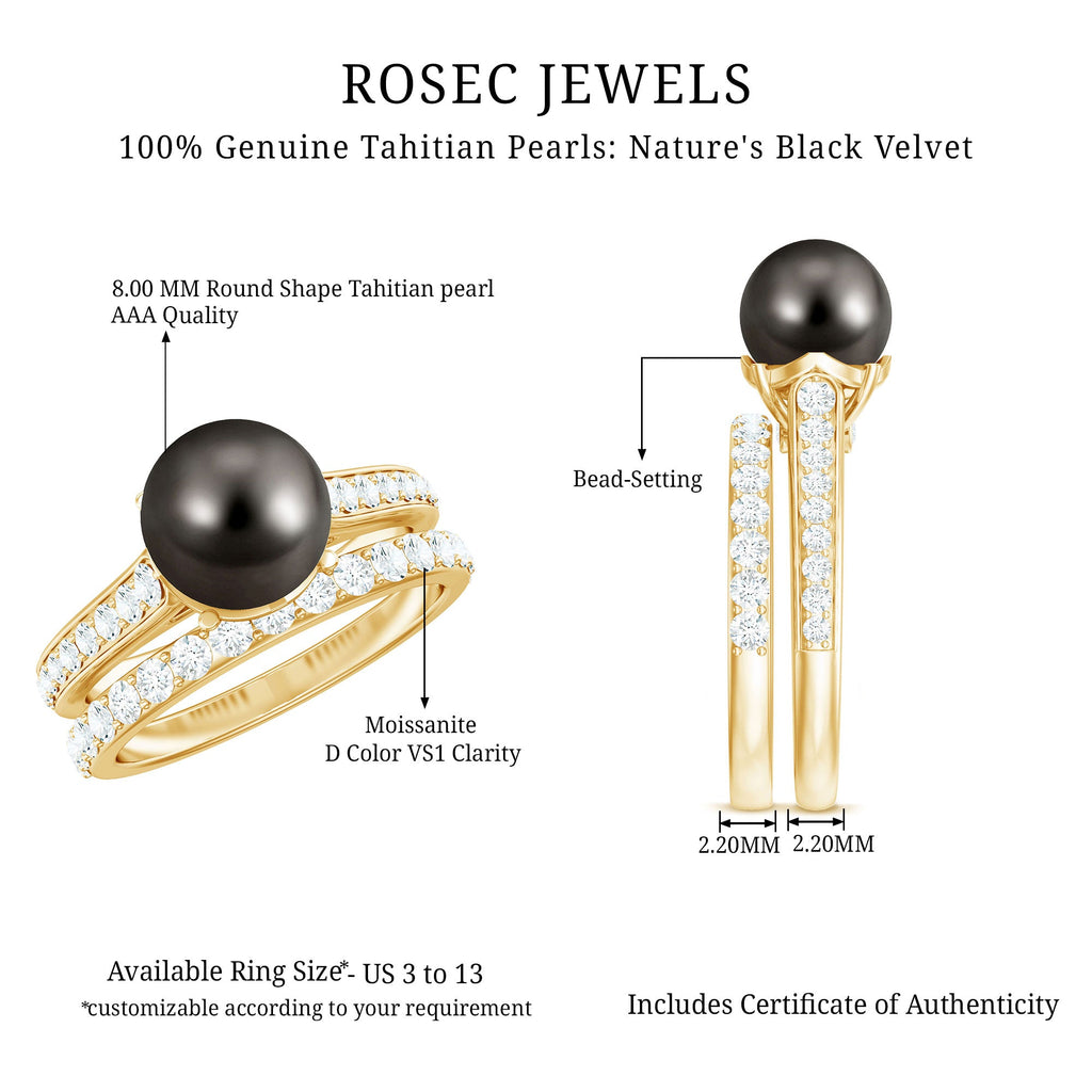 Elegant Wedding Ring Set with 9.75 CT Tahitian Pearl and Moissanite