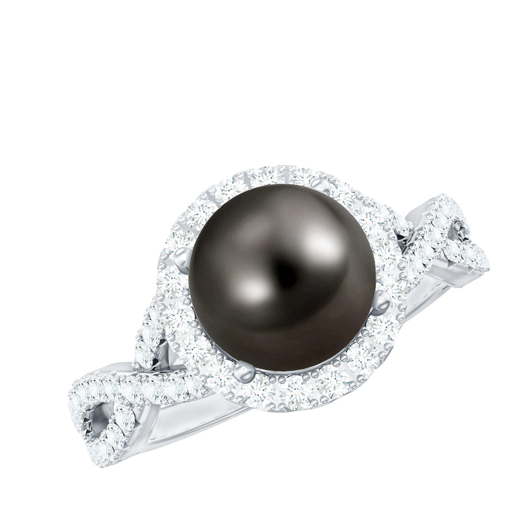 Real Tahitian Pearl and Diamond Crossover Engagement Ring