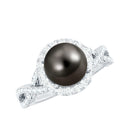 Real Tahitian Pearl and Diamond Crossover Engagement Ring