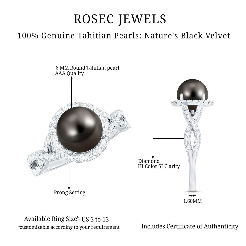Real Tahitian Pearl and Diamond Crossover Engagement Ring