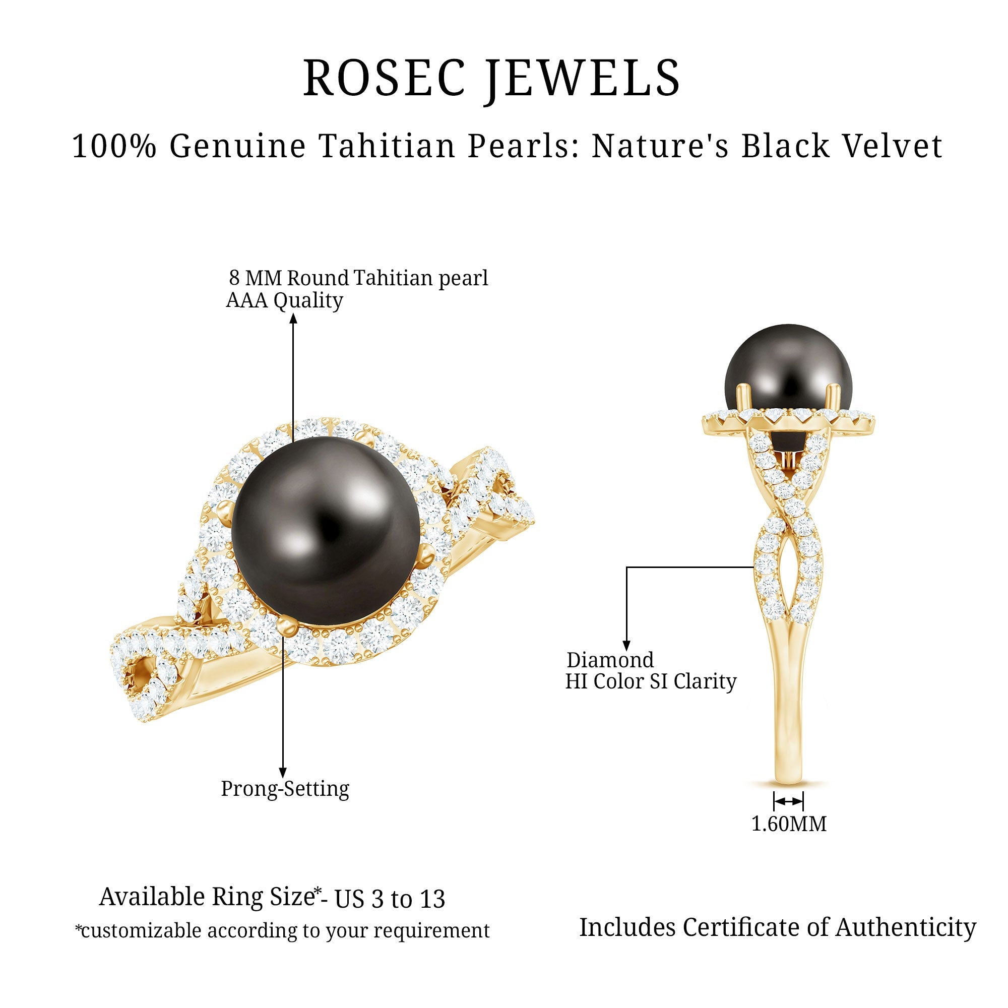 Real Tahitian Pearl and Diamond Crossover Engagement Ring