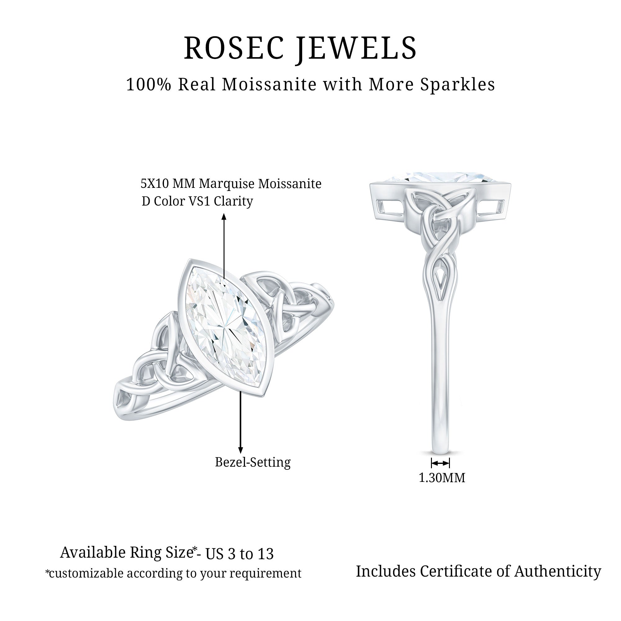 Moissanite 5x10mm Marquise Cut Engagement Ring in Bezel Setting