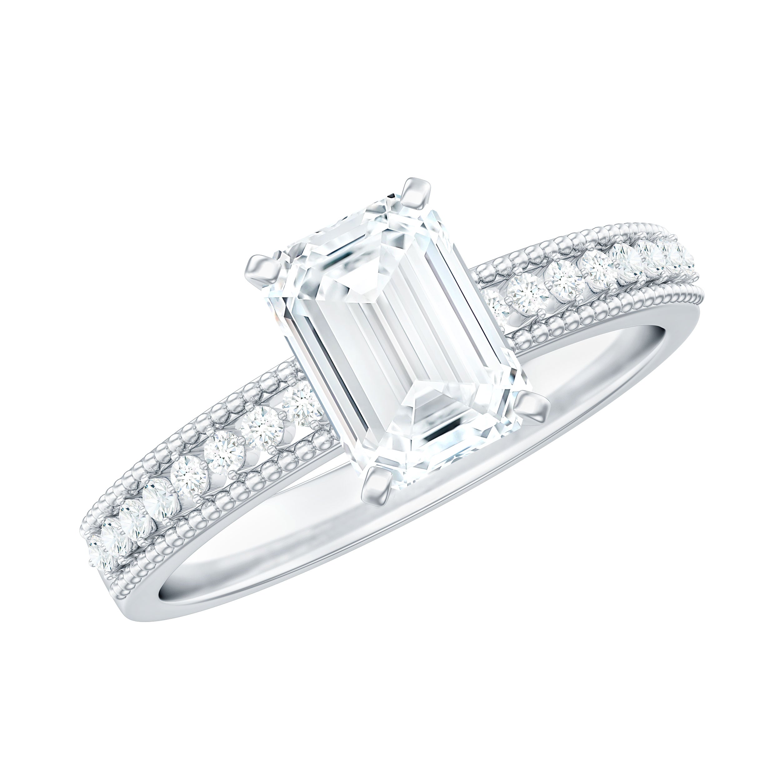 6X8 mm Emerald Cut Moissanite Solitaire Engagement Ring with Beaded Details