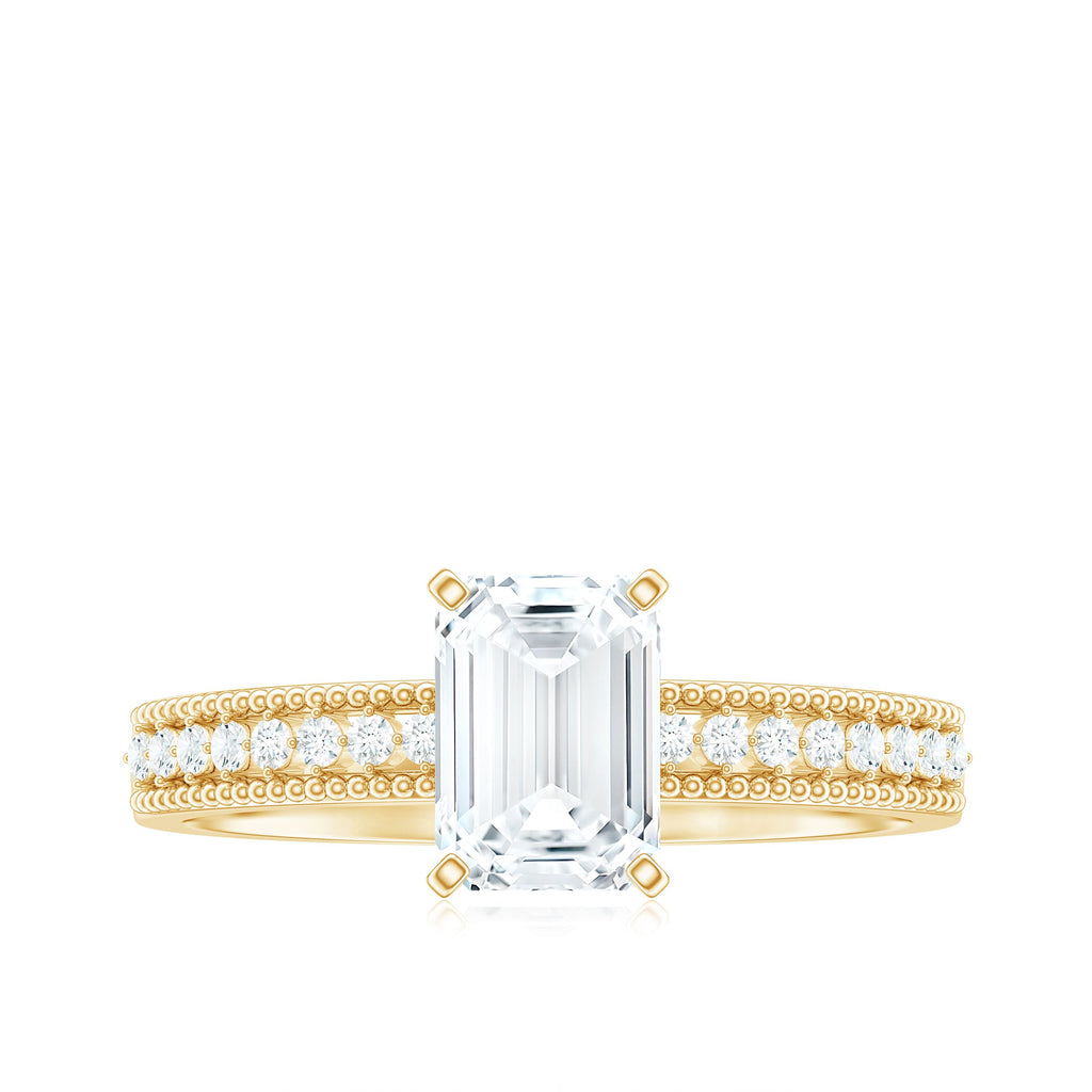 6X8 mm Emerald Cut Moissanite Solitaire Engagement Ring with Beaded Details