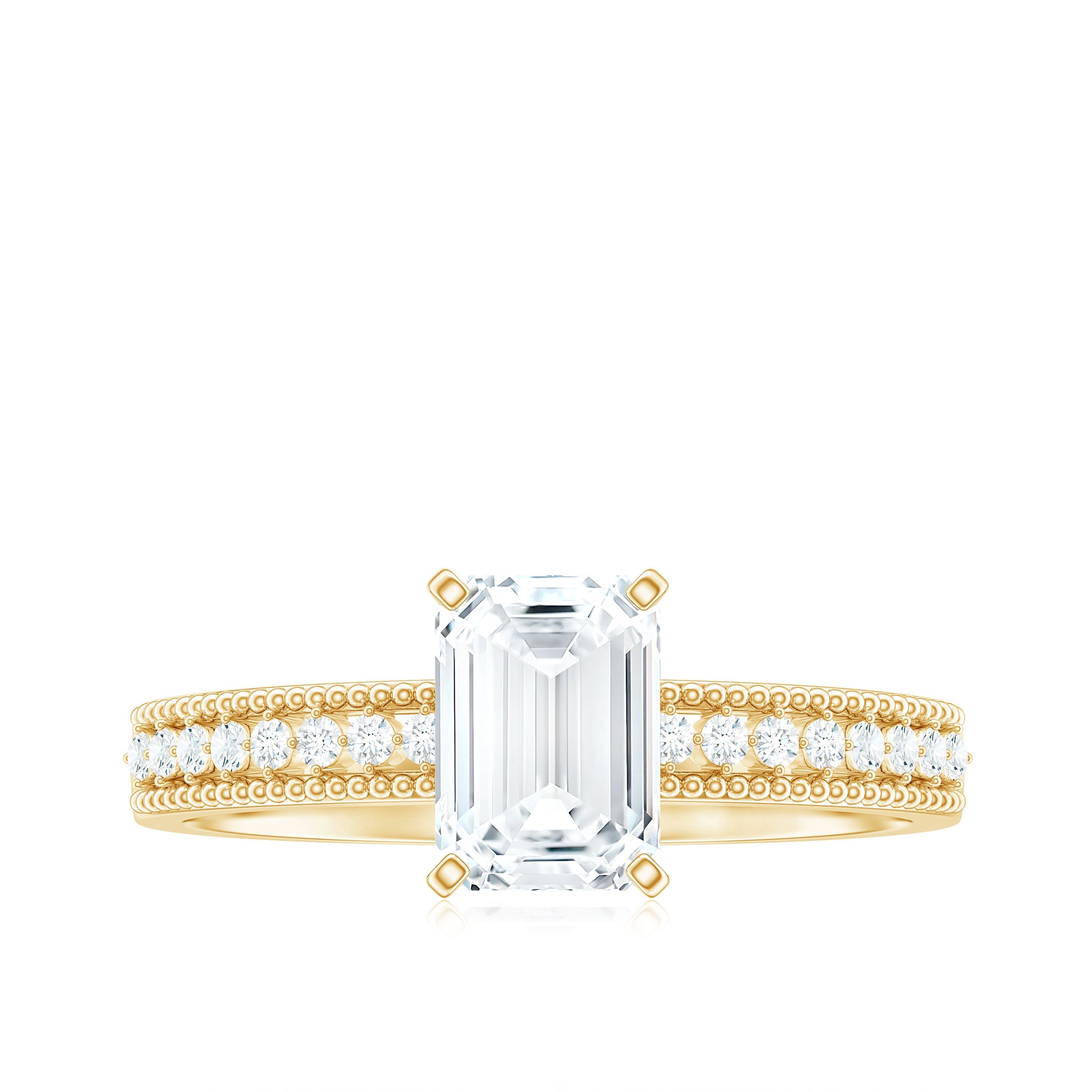 6X8 mm Emerald Cut Moissanite Solitaire Engagement Ring with Beaded Details