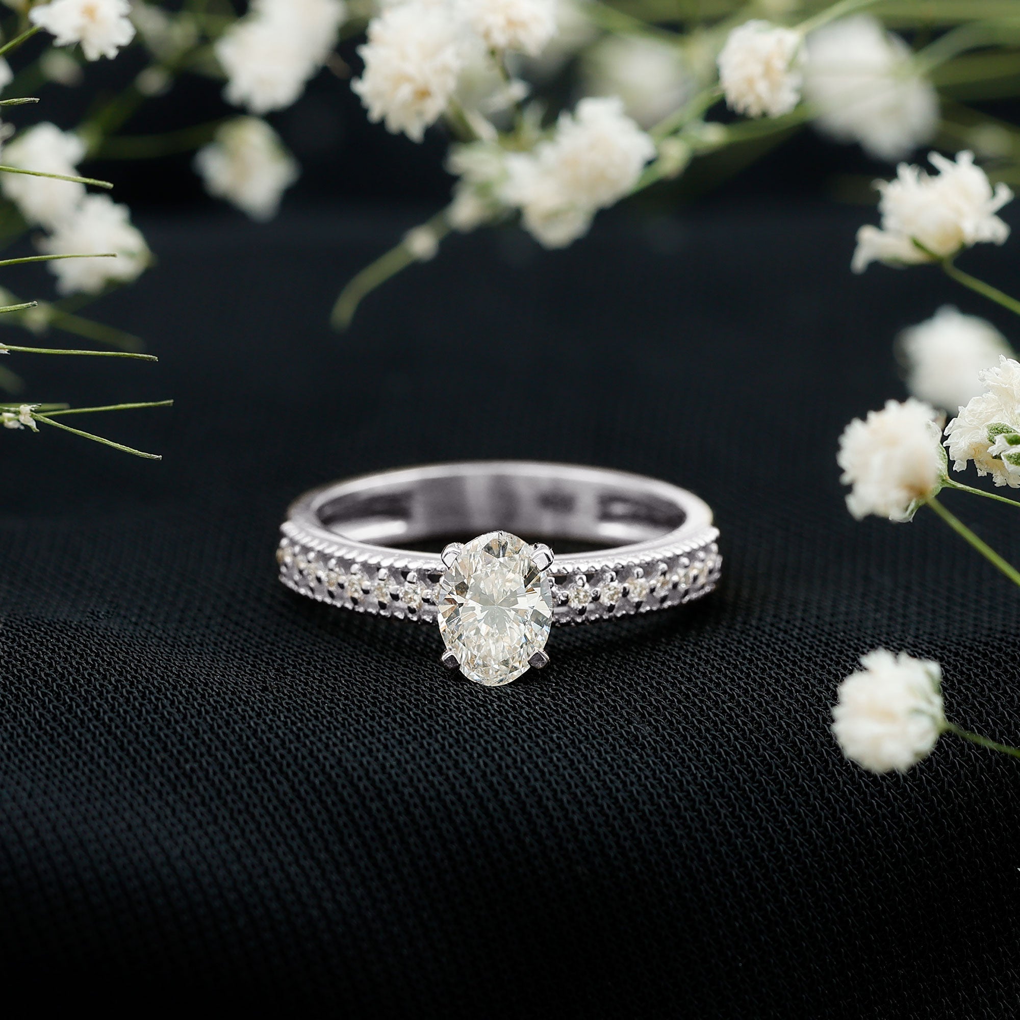 5X7 mm Oval Cut Moissanite Solitaire Beaded Engagement Ring
