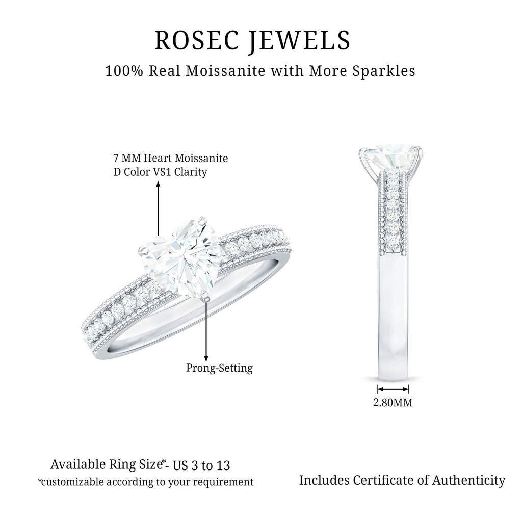 7X7 MM Heart Shape Moissanite Engagement Ring with Side Stones and Beaded Details