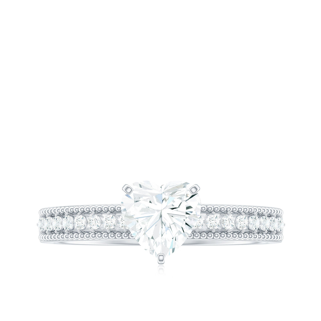 7X7 MM Heart Shape Moissanite Engagement Ring with Side Stones and Beaded Details