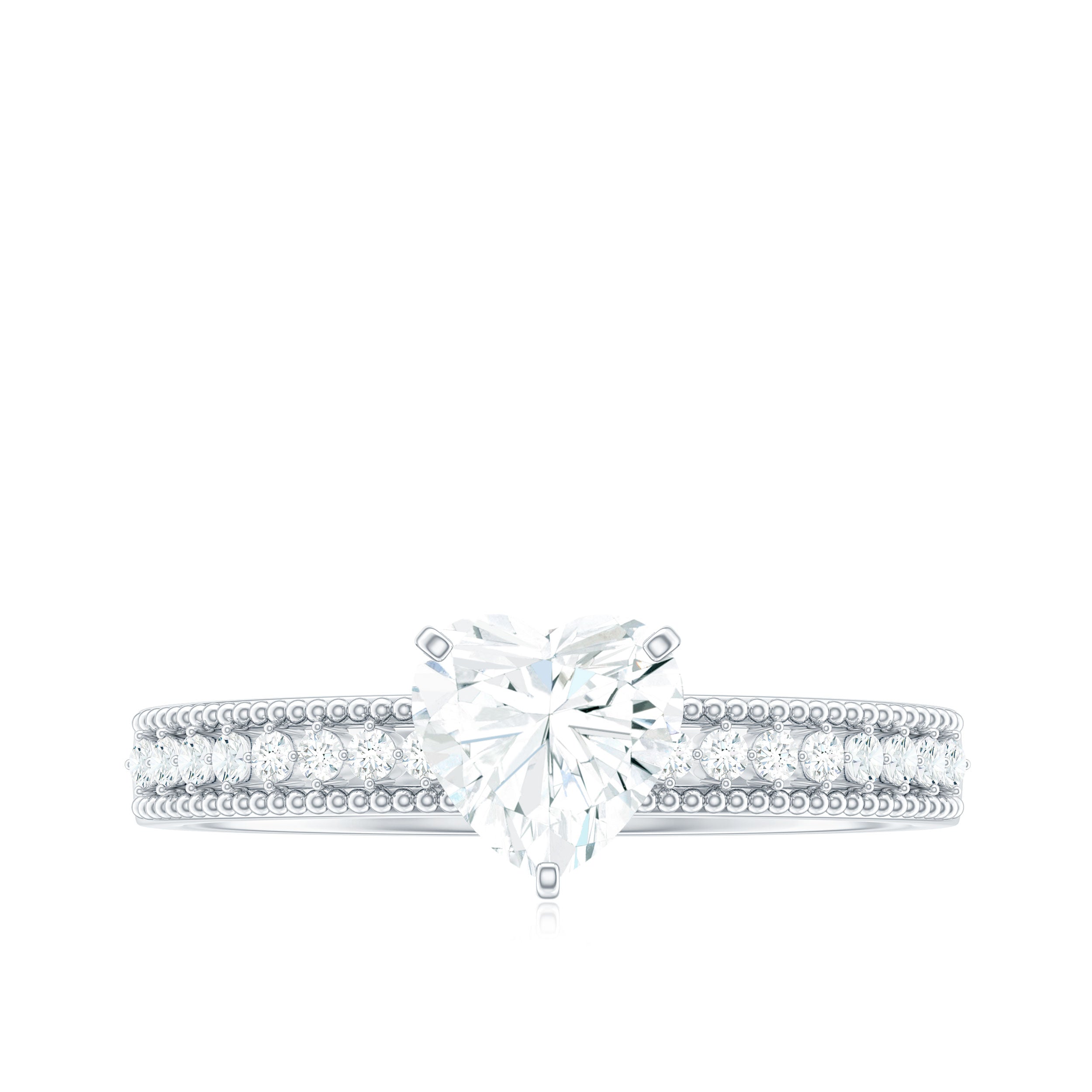 7X7 MM Heart Shape Moissanite Engagement Ring with Side Stones and Beaded Details